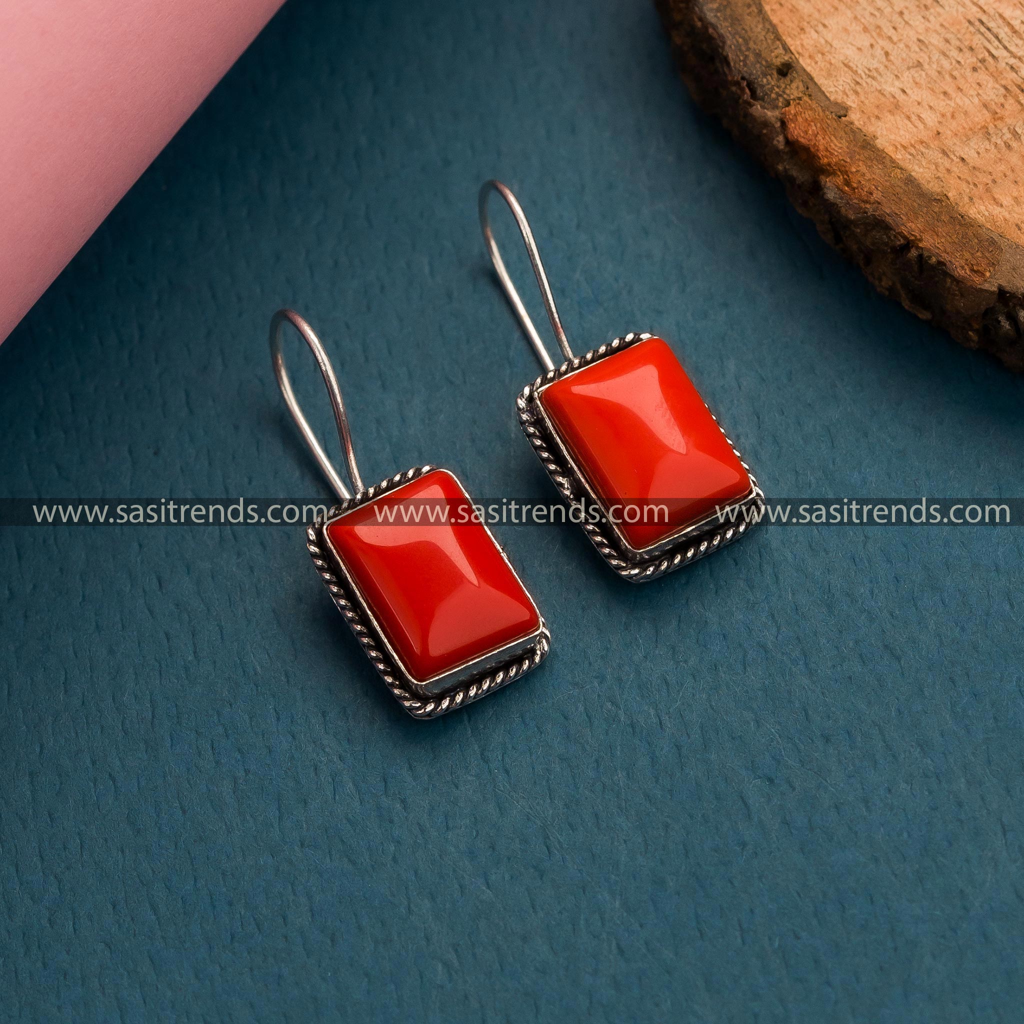 Statement Red Monalisa Stone Hook Earrings in Oxidized German Silver - Elevate Your Style for Office