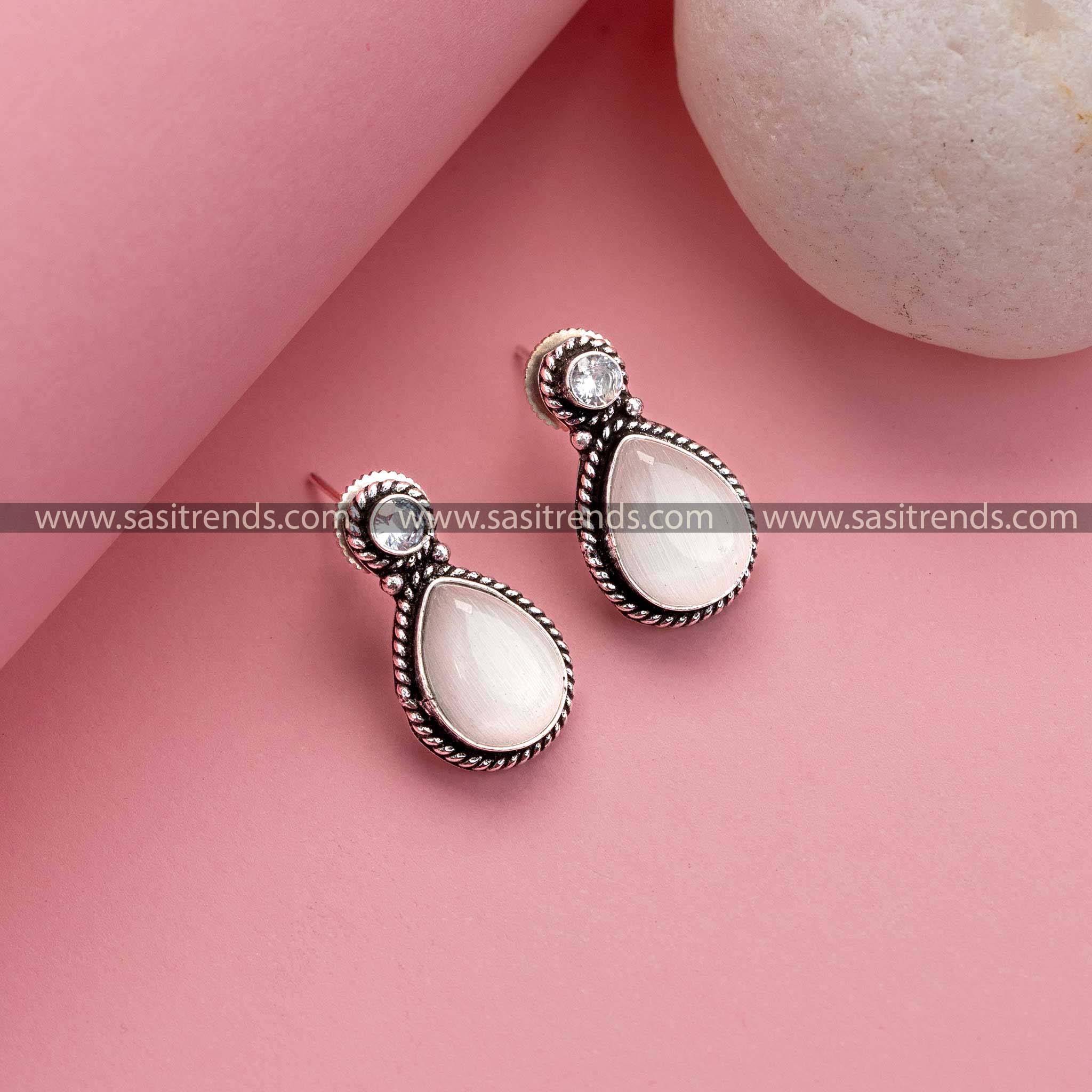 Classic White Oxidized Earrings - Monalisa and AD Stones, Ideal for Office Wear and Social Gatherings