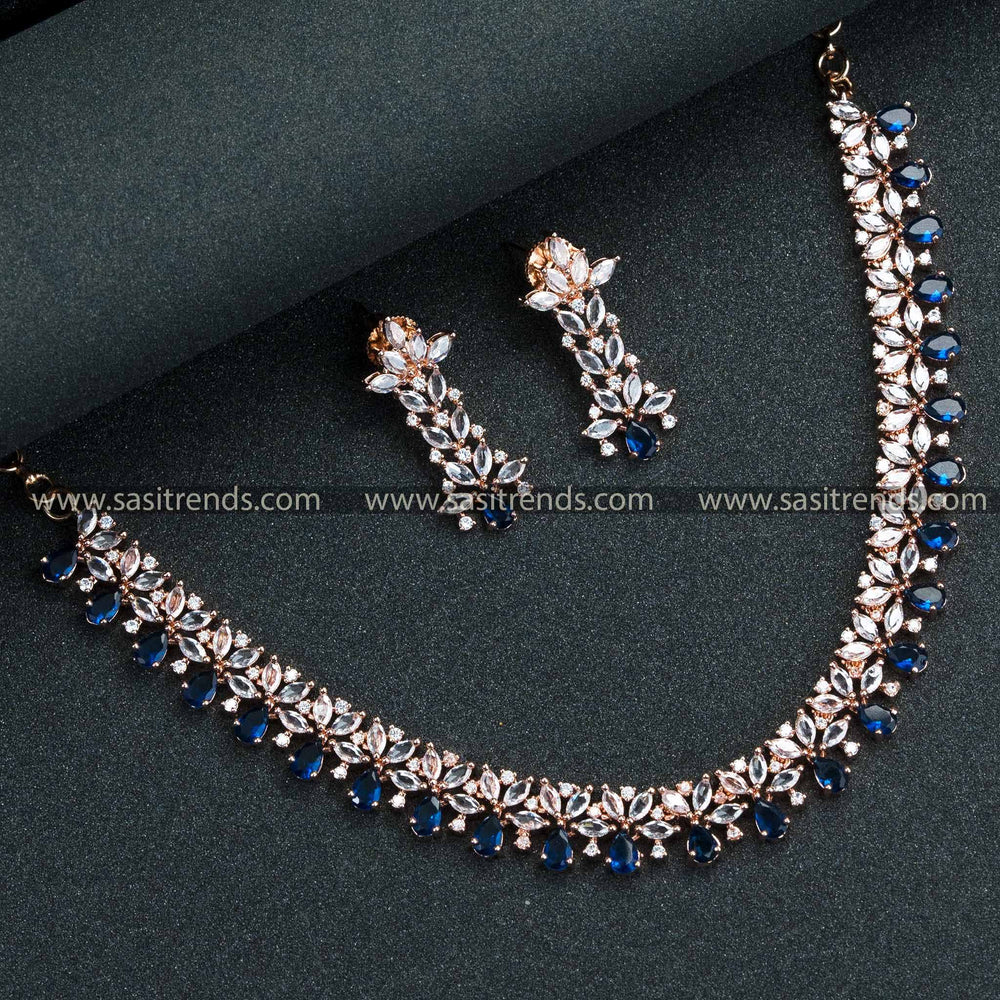 Ocean Blue Opulence! Rose Gold Floral Necklace Set with Earrings – American Diamond Stones for Women – New Party Wear Collection