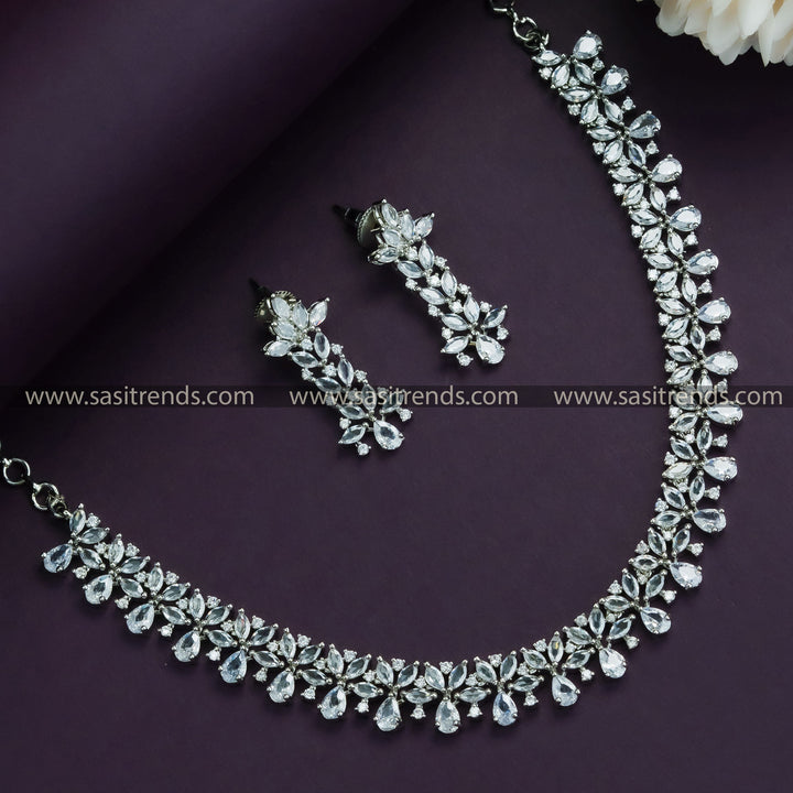 White Opulence: Rhodium Silver Plated Floral Necklace Set with American Diamond Stones - Party Wear Collection in White for Women