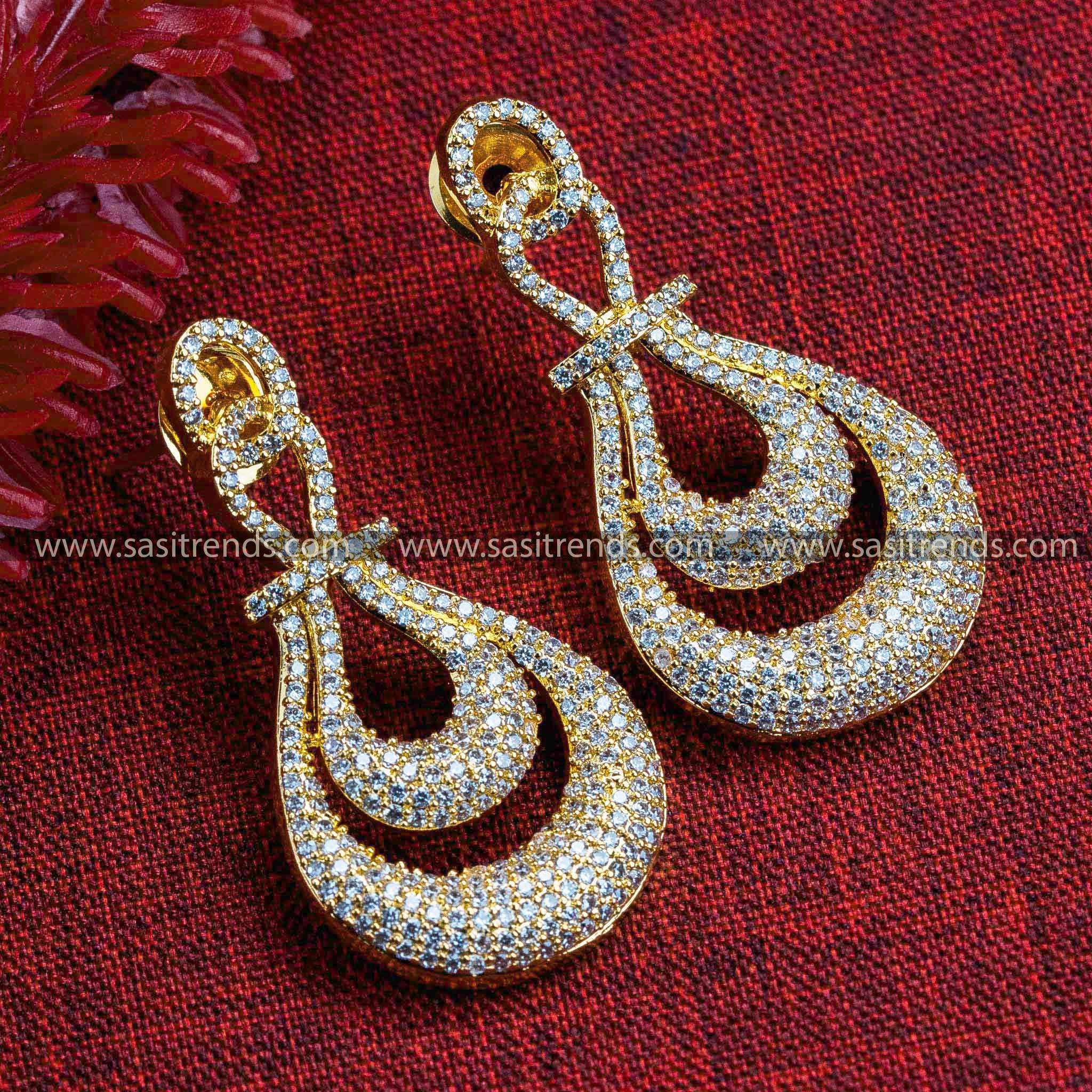 Trendy Party Wear Gold Plated American Diamond Earrings - Two-Layered Tear Drop Pattern for Women