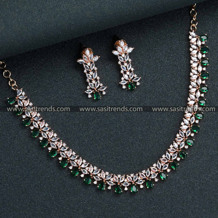 Green Enchantment Unveiled! Rose Gold Floral Necklace Set with Earrings – American Diamond Stones for Women – New Party Wear Collection