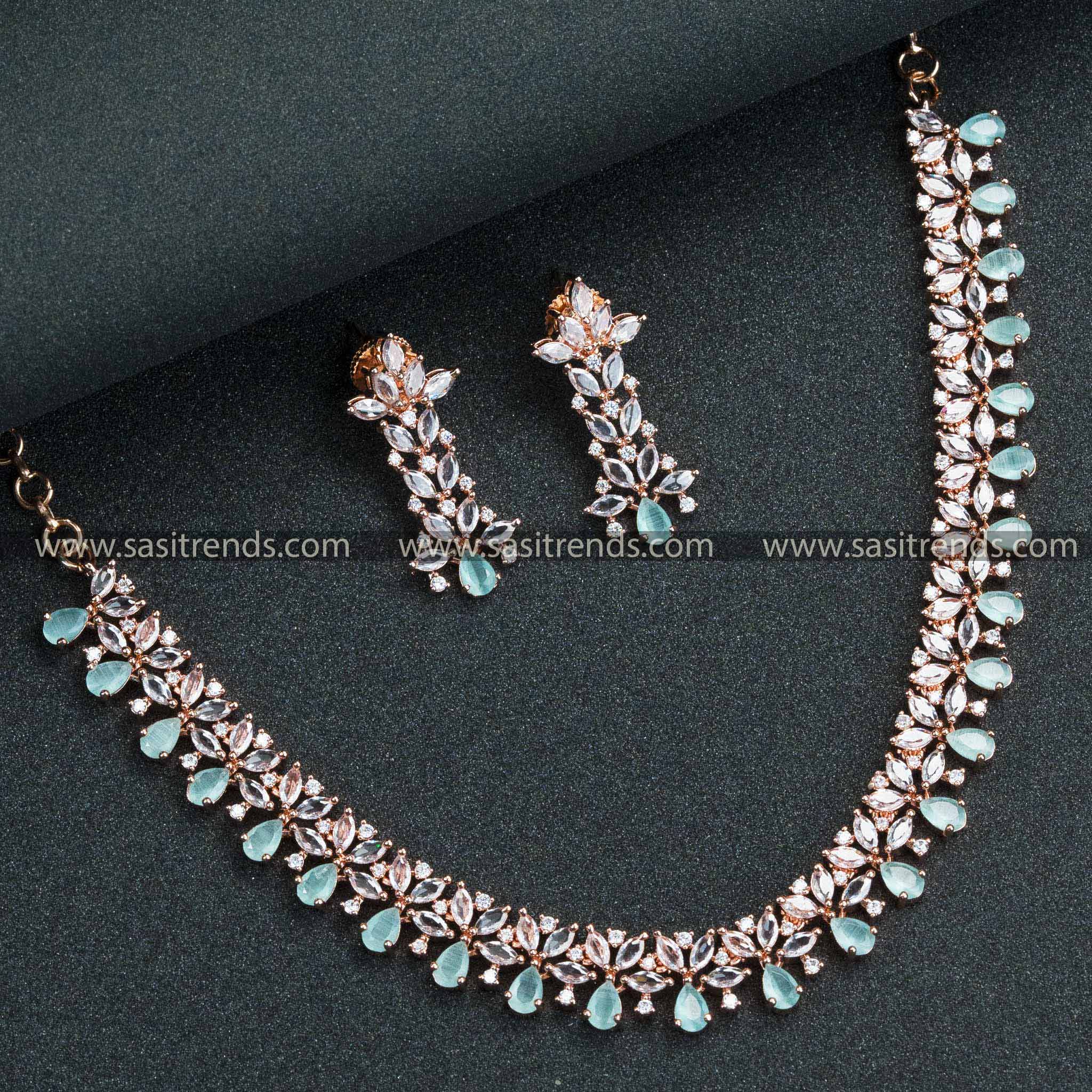 Mint Elegance Unleashed! Rose Gold Floral Necklace Set with Earrings – American Diamond Stones for Women