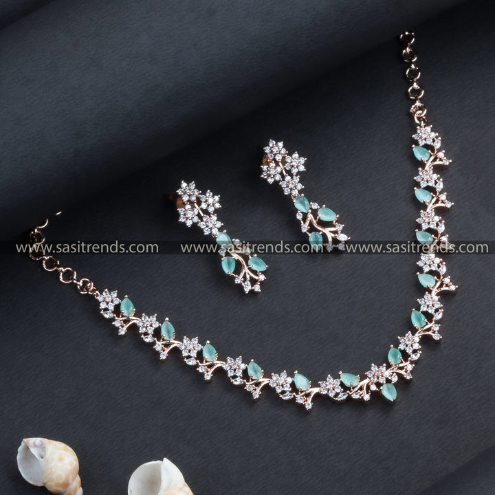 Stunning Rose Gold Plated Floral Necklace Set with American Diamond Stones | Sasitrends - Sasitrends