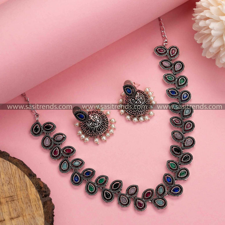 Chic and Trendy: Oxidised Silver Necklace with Multi Color Stones and Pearl Jhumkas - Stand Out in Style