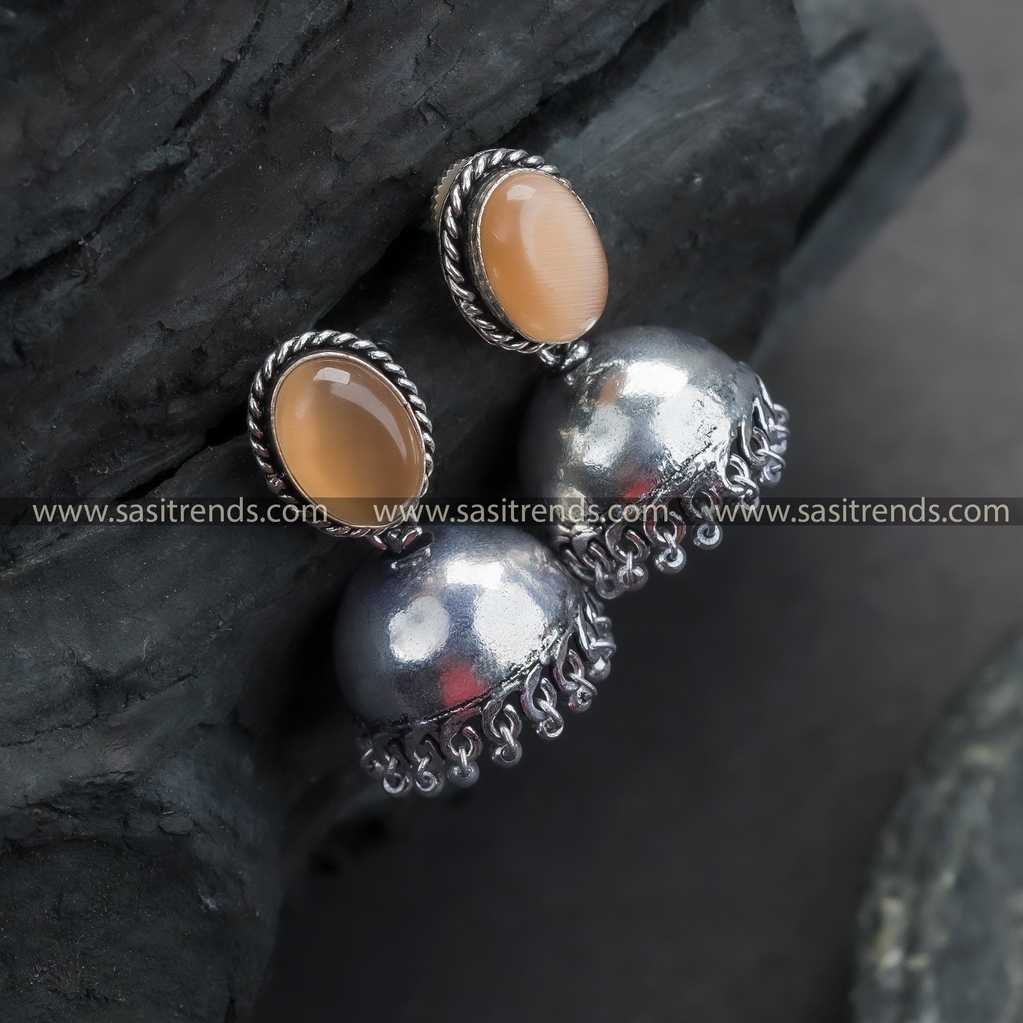 Trendy Traditional Oxidized German Silver Jhumka Earrings with Oval Monalisa Stone | Sasitrends - Sasitrends