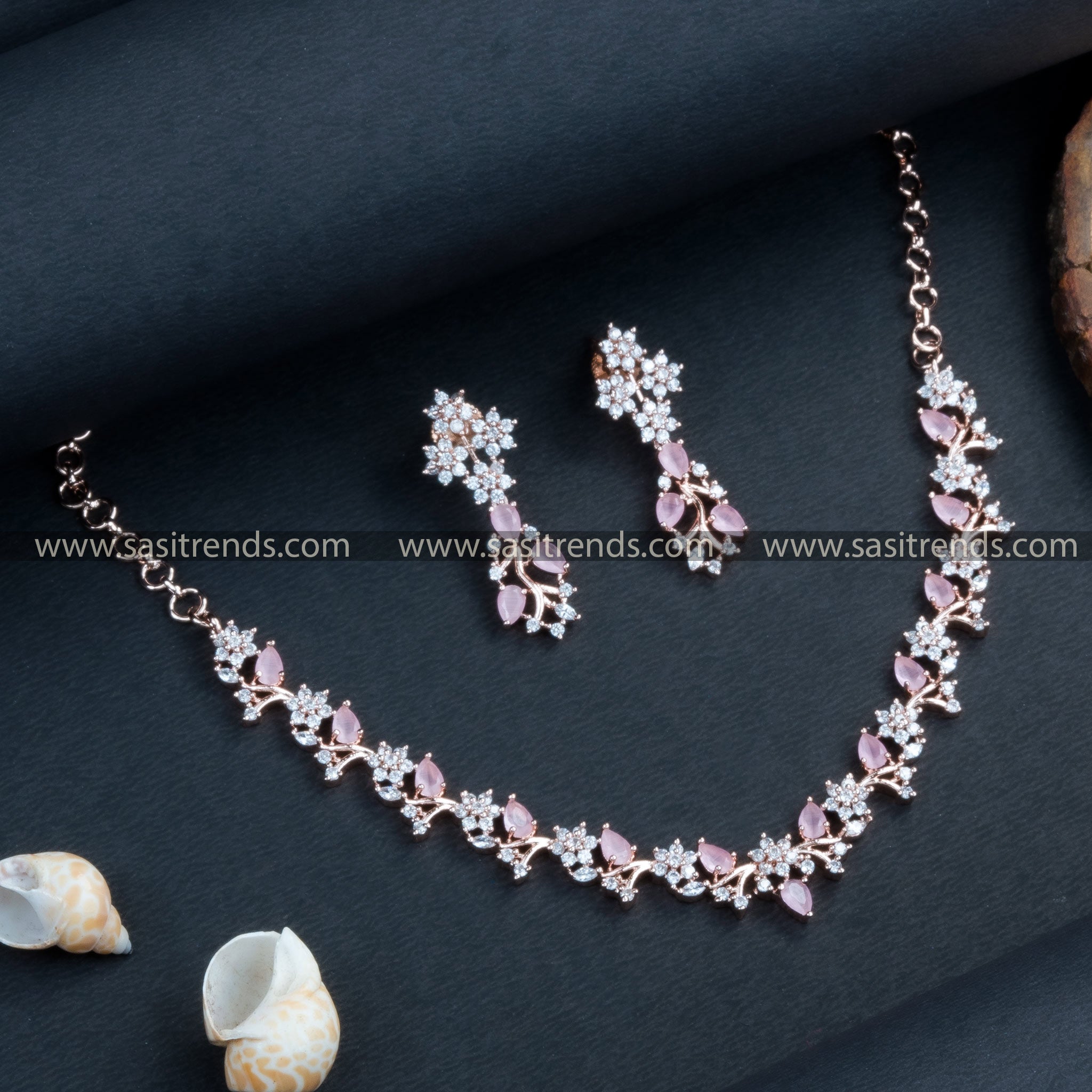 Stunning Rose Gold Plated Floral Necklace Set with American Diamond Stones | Sasitrends - Sasitrends