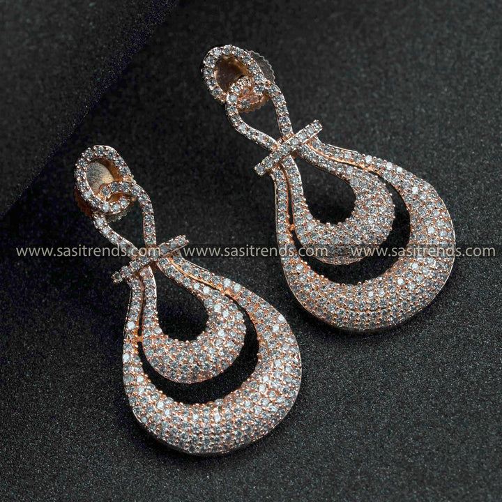 Trendy Party Wear Rose Gold Plated American Diamond Earrings - Two-Layered Tear Drop Pattern for Women