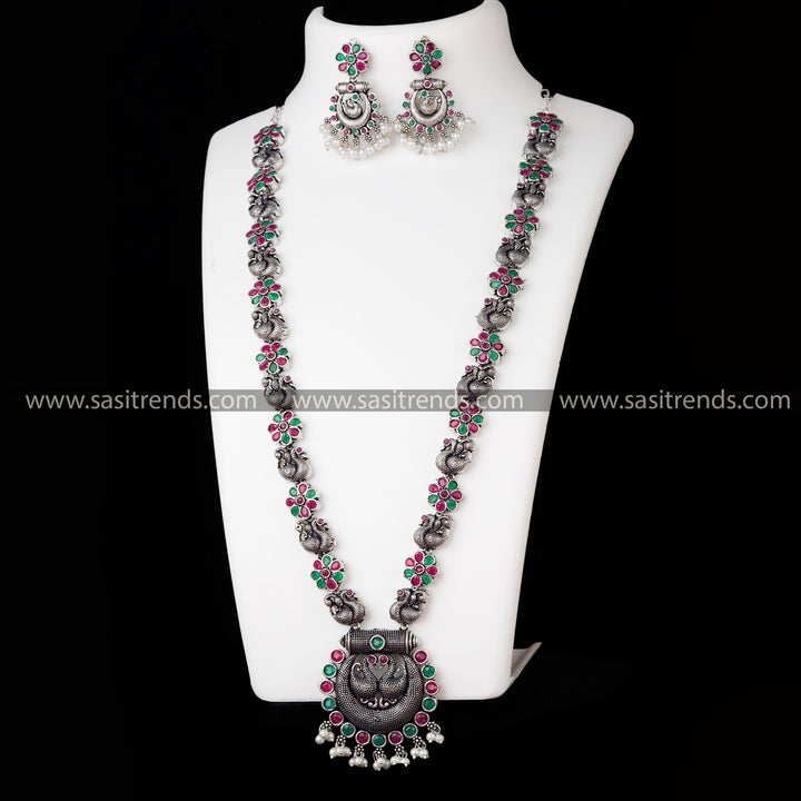 Unique Oxidised German Silver Necklace Set with Peacock Chandbali Pendant, Ruby & Green Stones - Trendy Traditional Jewelry