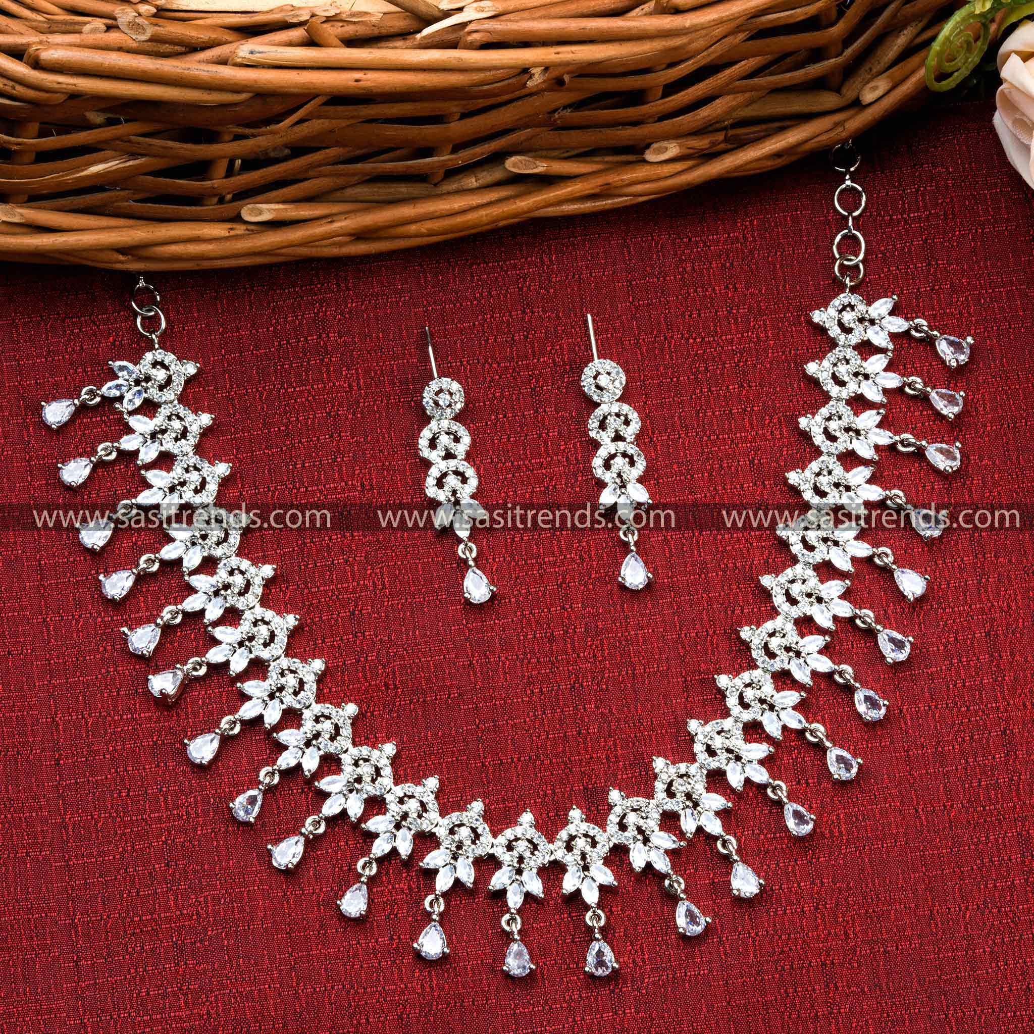 Elegant White Stone Necklace with Gorgeous Floral Pattern, American Diamonds, and Rhodium Silver Plating - Perfect Party Wear Jewelry Set