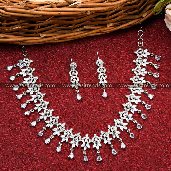 Elegant White Stone Necklace with Gorgeous Floral Pattern, American Diamonds, and Rhodium Silver Plating - Perfect Party Wear Jewelry Set