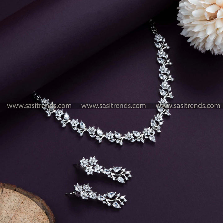 Graceful Rhodium Silver Plated Necklace Set in White. Stunning Floral Pattern, Enhanced with American Diamonds