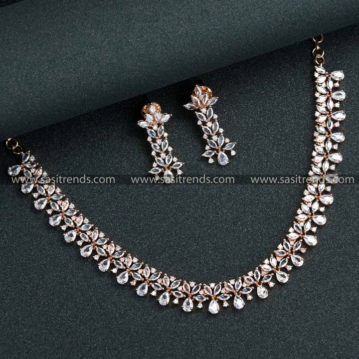 White Elegance Illuminated! Rose Gold Floral Necklace Set with Earrings – American Diamond Stones for Women