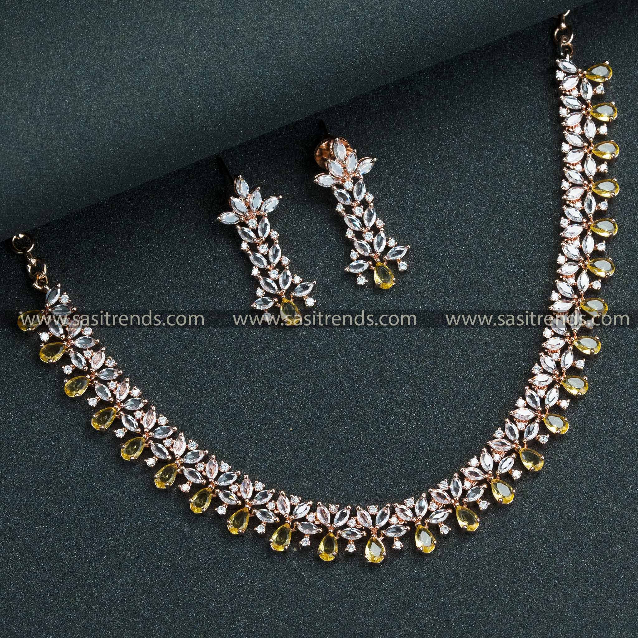 Yellow Radiance Unleashed! Rose Gold Floral Necklace Set with Earrings – American Diamond Stones for Women