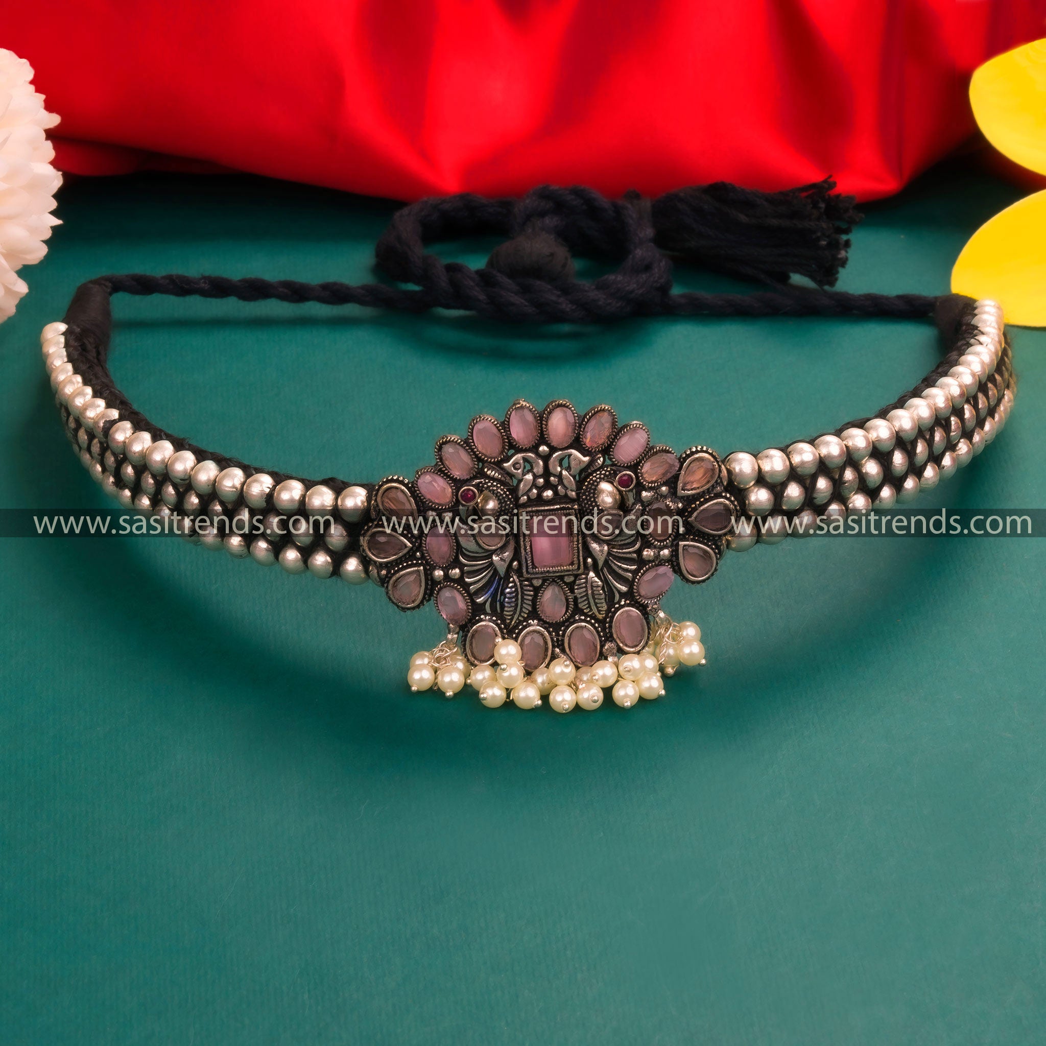 Diwali Special Kolhapuri Oxidized German Silver Floral Pendant Choker Necklace in Pink - Traditional Wear with Pearls and Stones