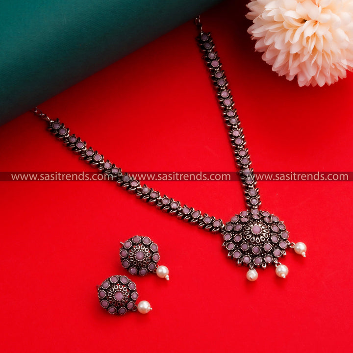 Navrathri Special Oxidised German Silver Floral Pendant Necklace with Earrings & Pearls for Women - Sasitrends