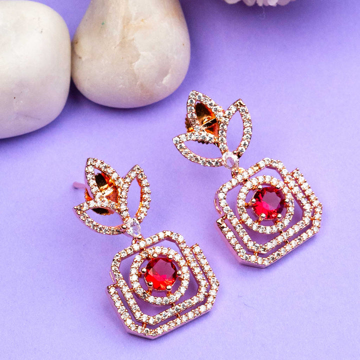 Rose Gold Plated Ruby Earrings - Glittering American Diamond Stones