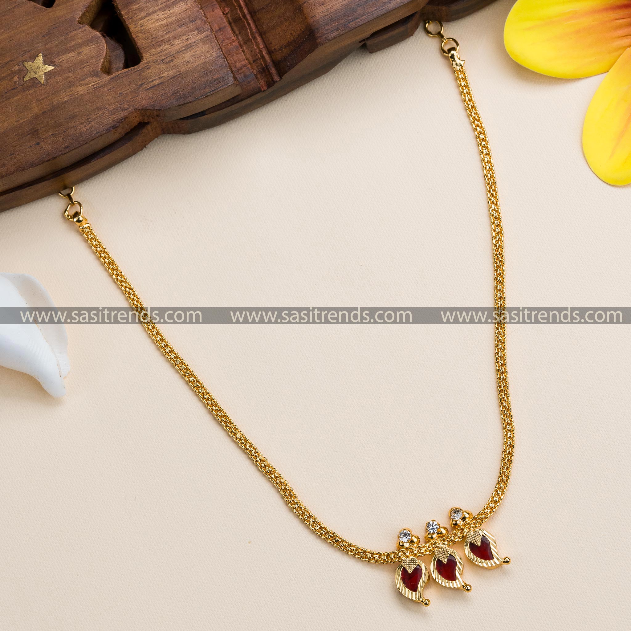 Micro Gold Plated Mango Petals Kerala Necklace with Enchanting Red Stones - Traditional Elegance, 6 Months Guarantee