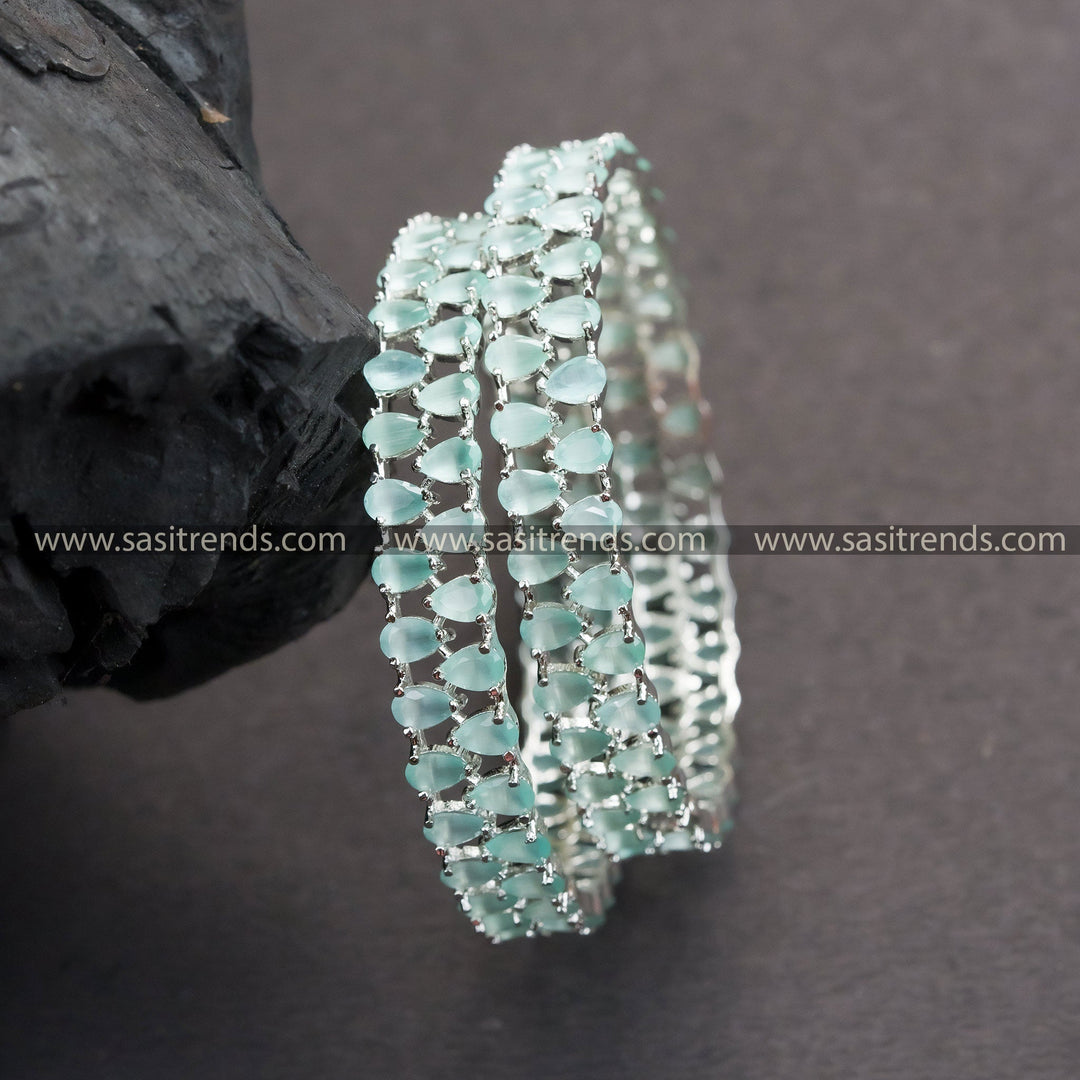 Rhodium Silver Plated Bangles with Mint Tear Drop Stones - American Diamond Studded Party Wear