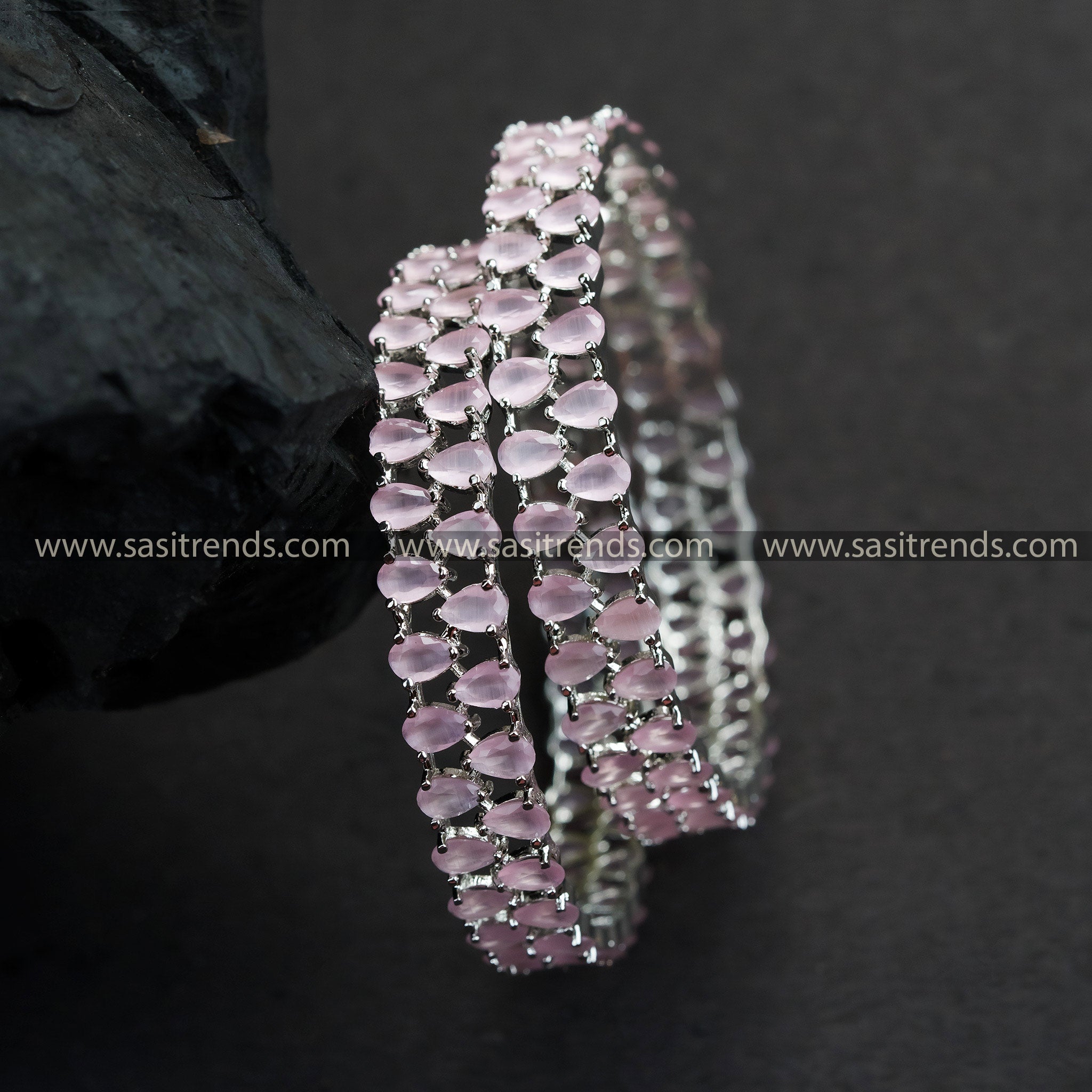 Stunning Tear Drop Stones Rhodium Silver Plated Bangles with Pink American Diamonds