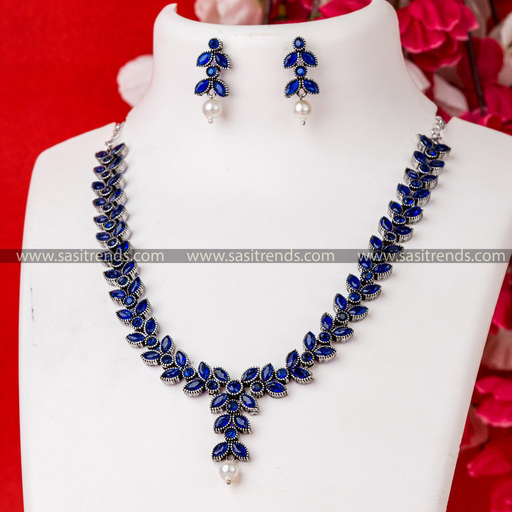 Blue Stone Floral Necklace Set with Pearls | Trendy Party Wear Jewelry