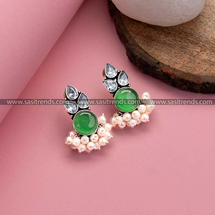 Fresh Light Green Oxidized German Silver Earrings – Monalisa Stone, AD Stones, Pearl Drops for Women