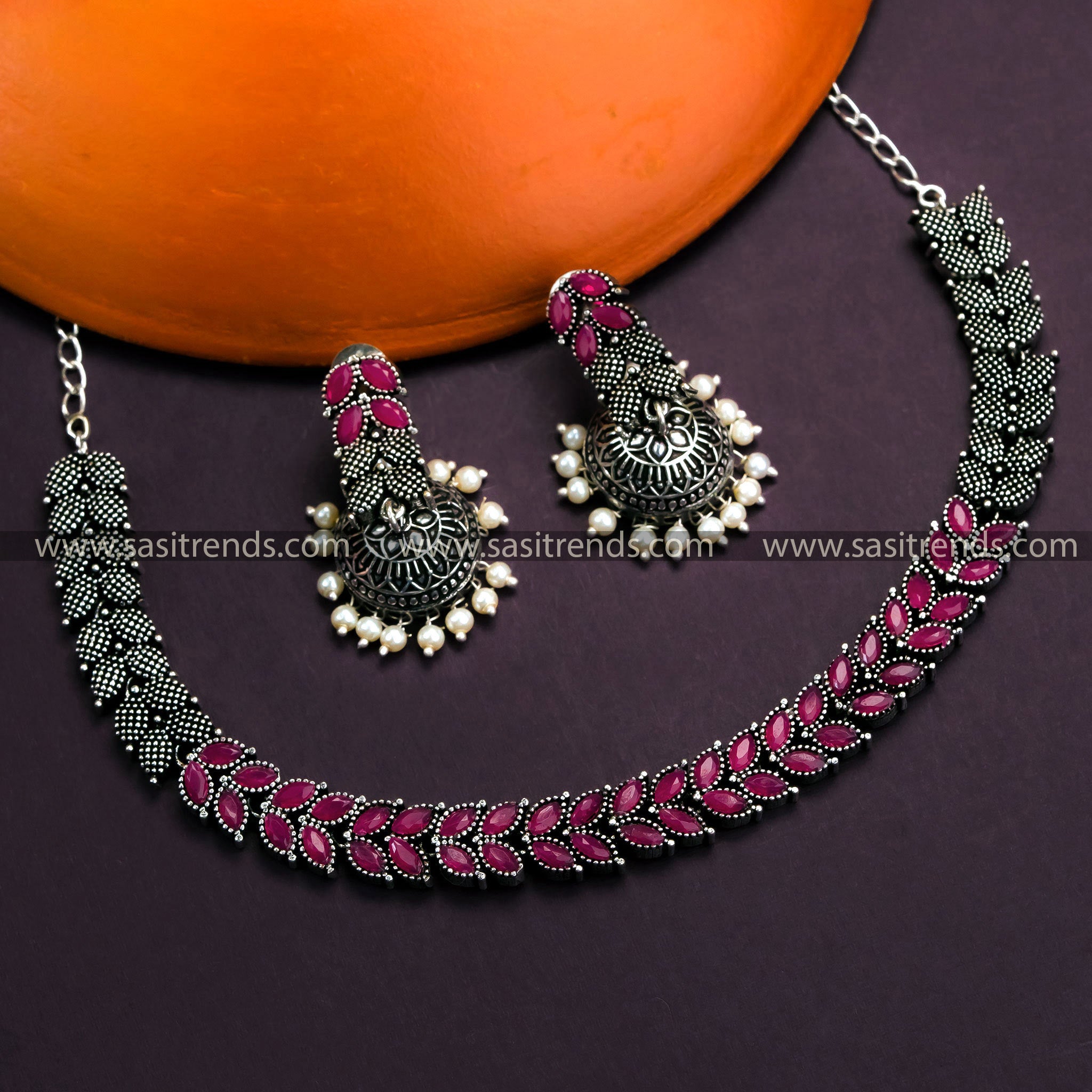 Party Wear Oxidized German Silver Leaf Necklace with Jhumkas & Ruby Stones - Timeless Beauty for Online Shopping