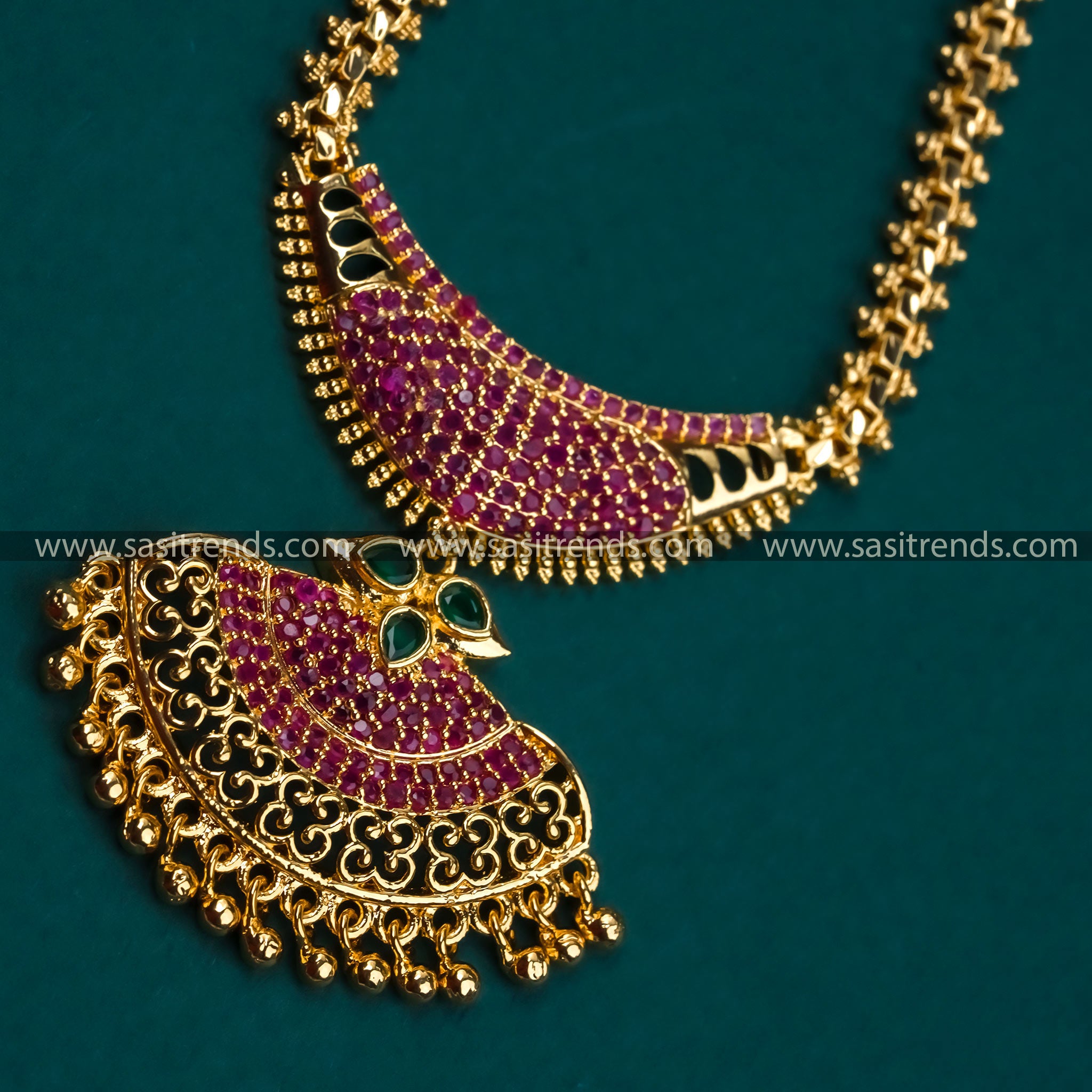  Ruby-Green Stone Micro Gold Plated Pendant Necklace with American Diamonds - Gajiri Chain Necklace