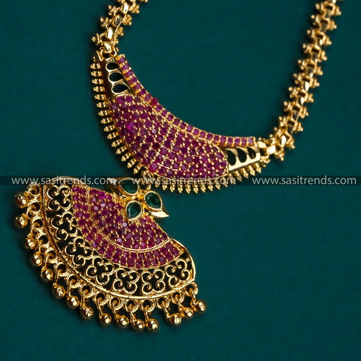  Ruby-Green Stone Micro Gold Plated Pendant Necklace with American Diamonds - Gajiri Chain Necklace