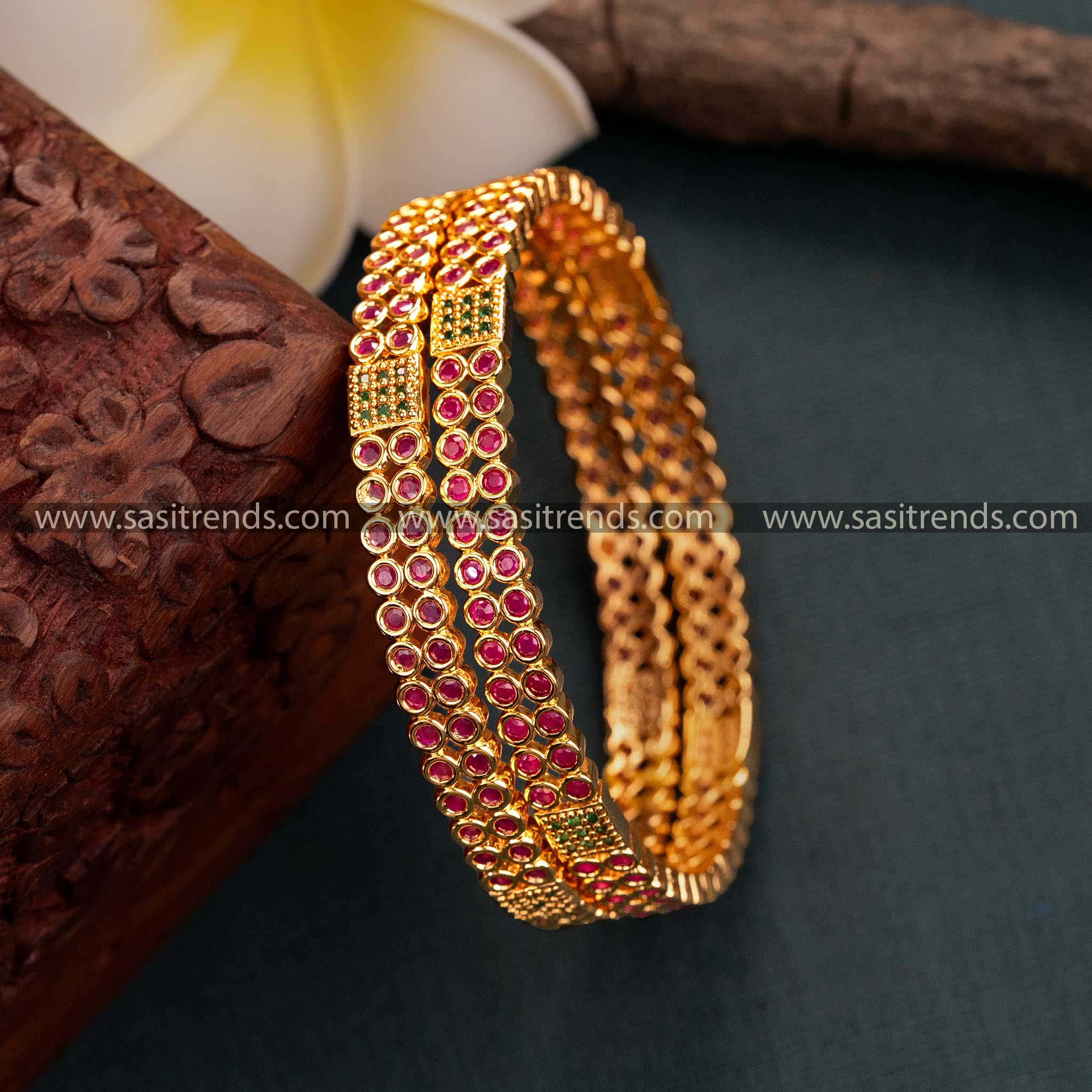 Trendy Micro Gold Plated AD Bangles with Ruby and Green Stones - Perfect for Festivals