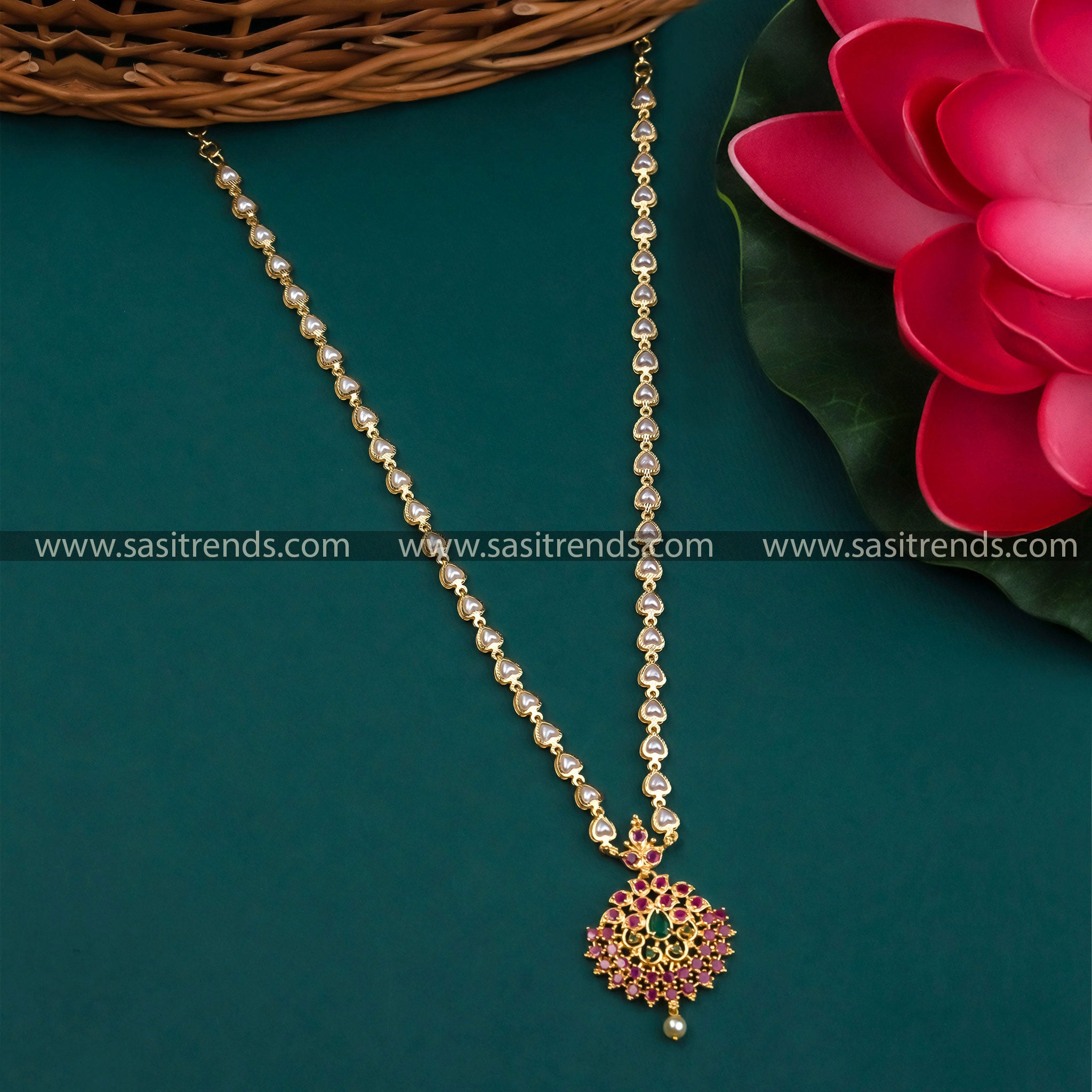 Unique Micro Gold Plated Ruby-Green AD Stone Floral Pendant Pearl Chain Necklace