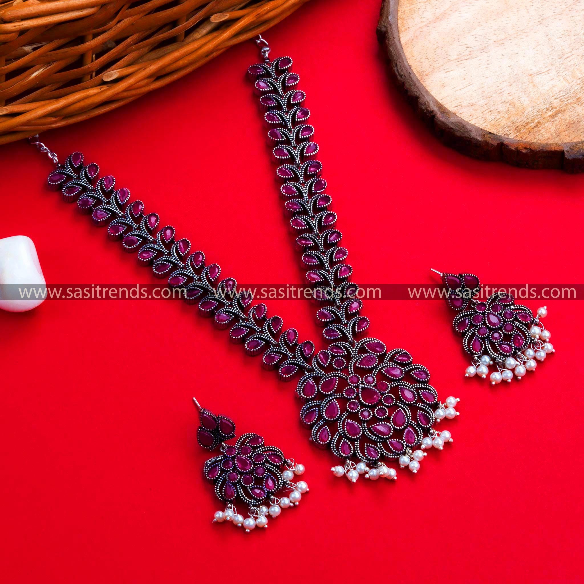 Oxidised German Silver Ruby Color Floral Necklace with Earrings - Party Wear Jewelry