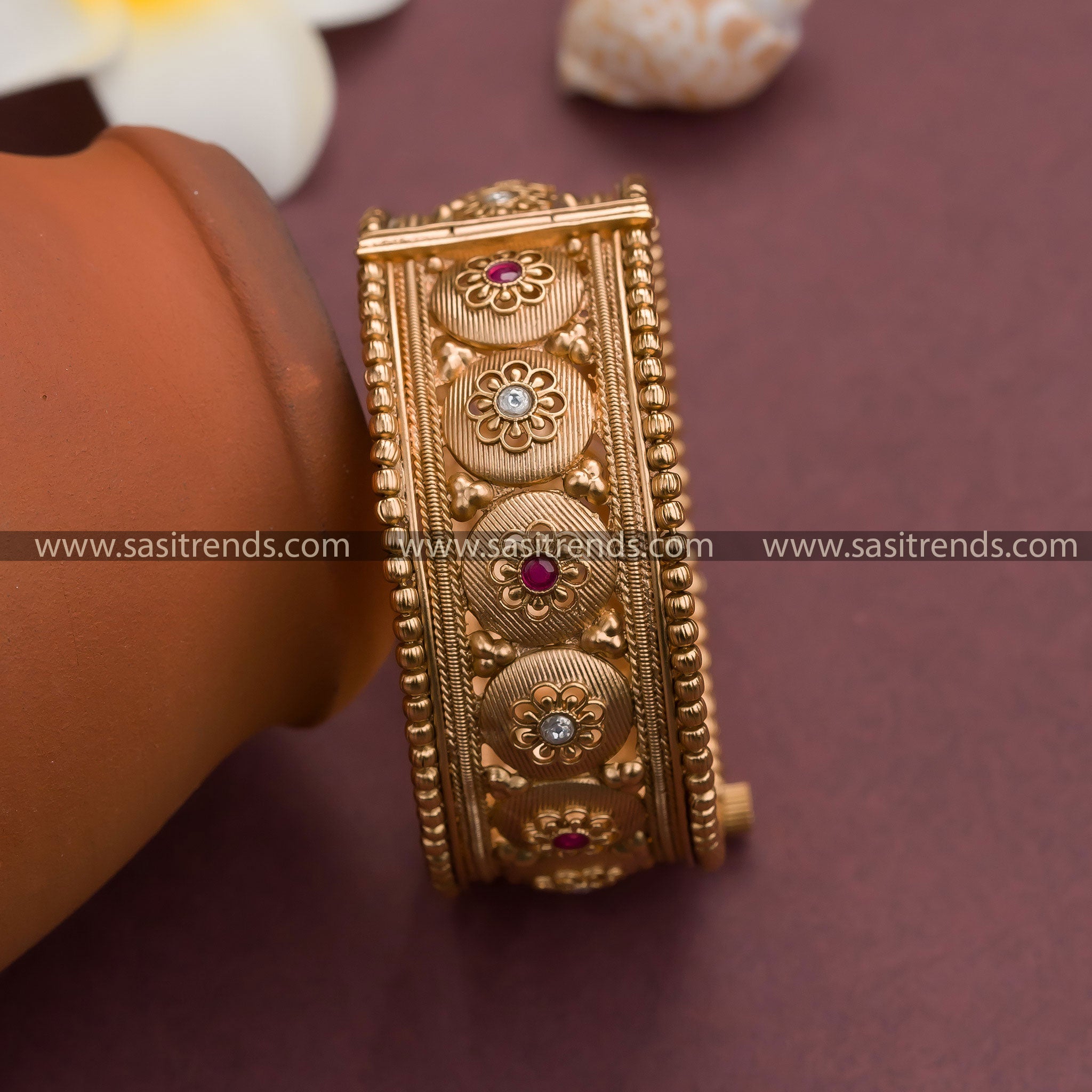 Graceful Trendy Bridal Antique Gold Plated Temple Kada Bangle in White-Ruby, Adorned with Synthetic Stones