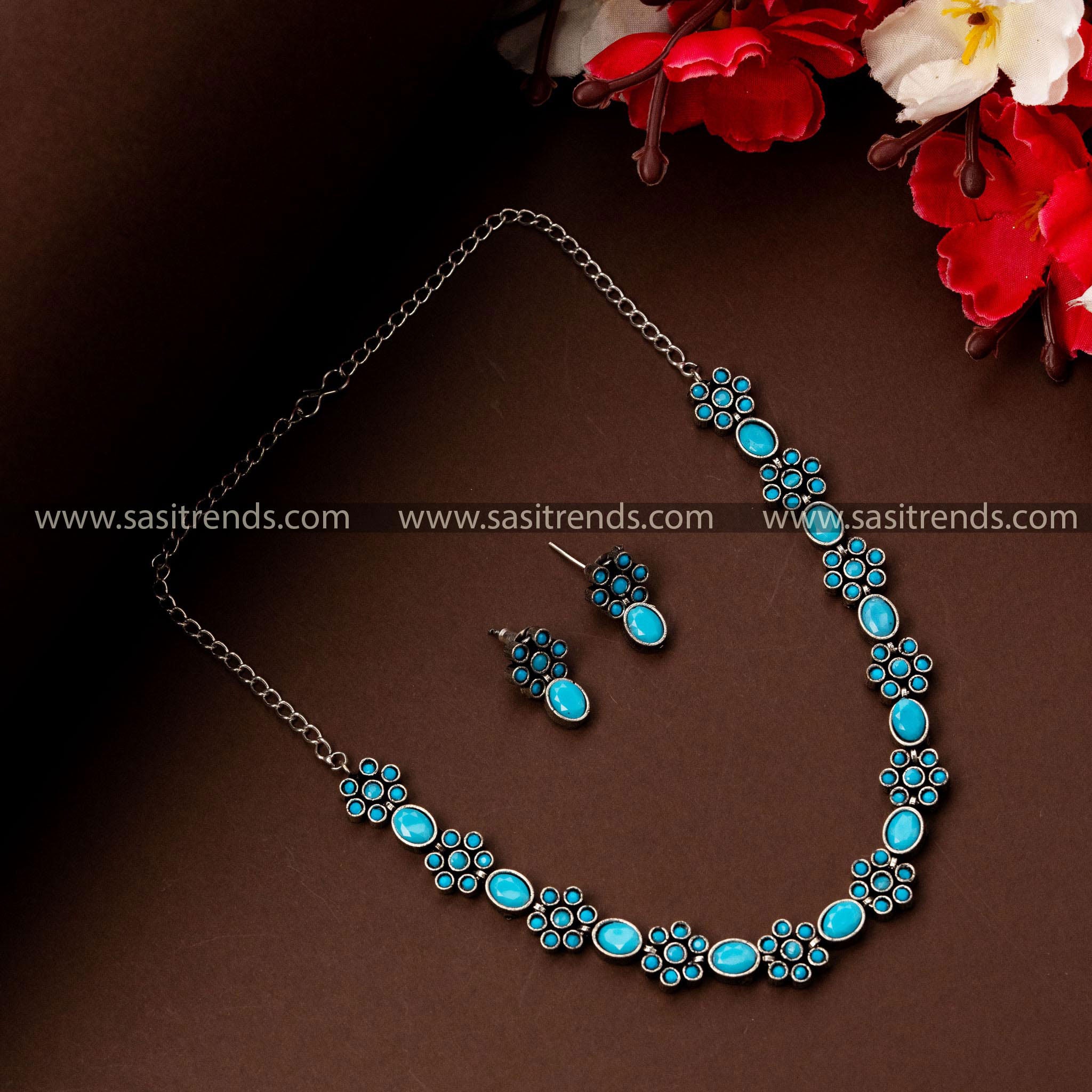 Latest Flower Motif Oxidised German Silver Jewellery Necklace with Earrings - Perfect for Parties and Occasions - Sasitrends