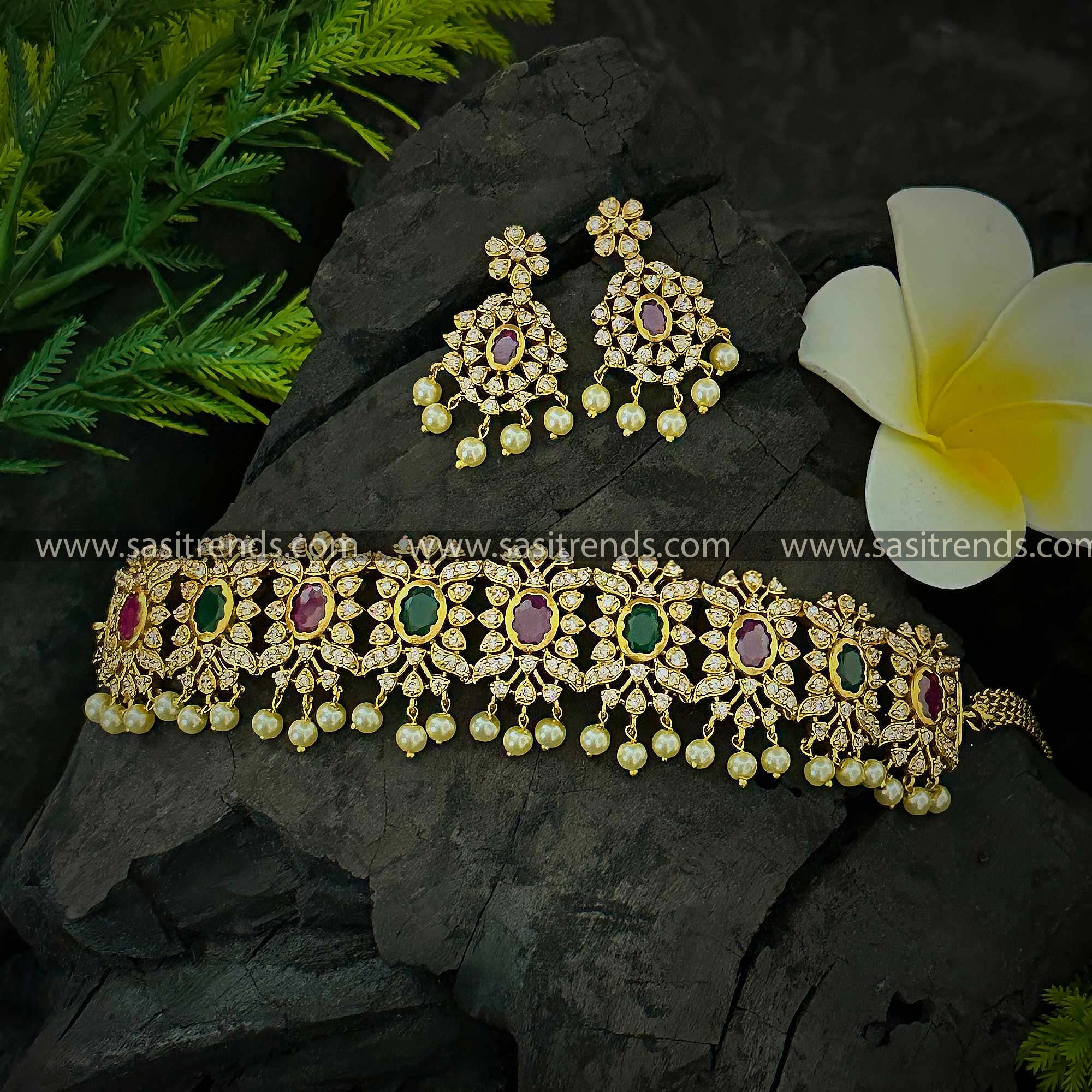 Temple Gold Finish Floral Choker Necklace Set with Ruby Green AD Color Stones