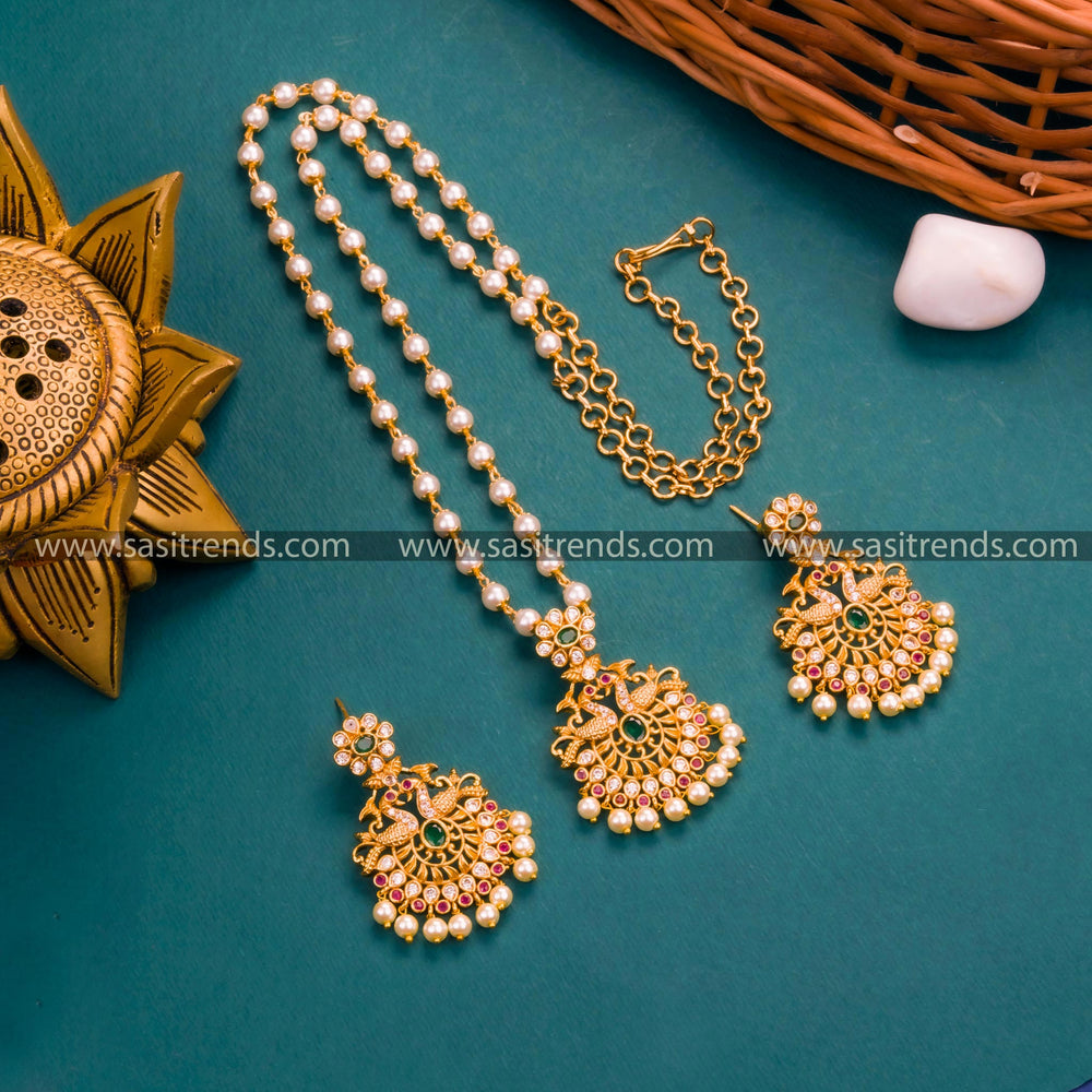 Temple Gold Plated Peacock Pendant Pearl Necklace Set with Multi AD Stones - Traditional Wear