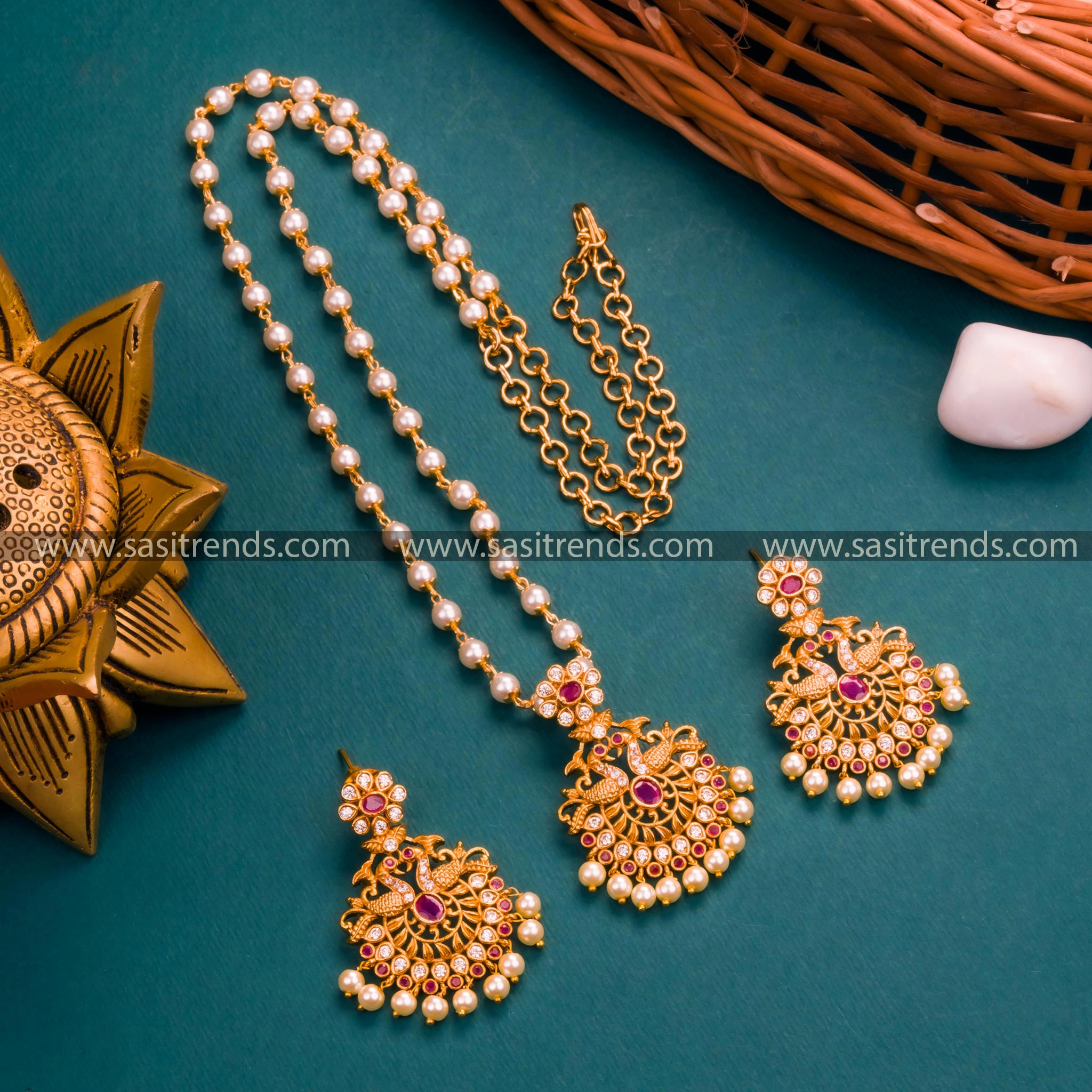 Temple Gold Plated Peacock Pendant Pearl Necklace Set with White-Ruby AD Stones - Traditional Wear