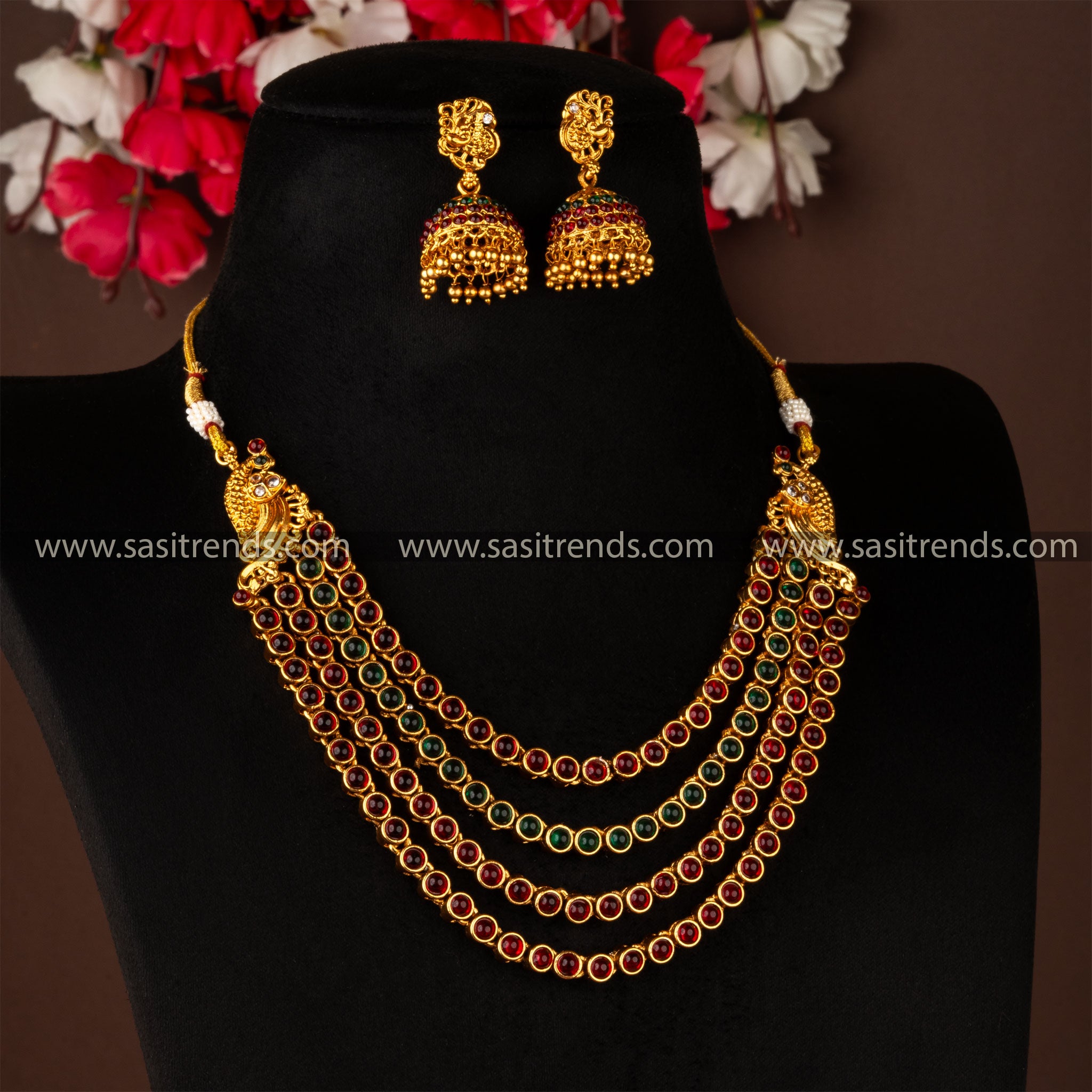 New  Traditional Temple Four Layered Jewellery Set Classic Matt Gold Plated