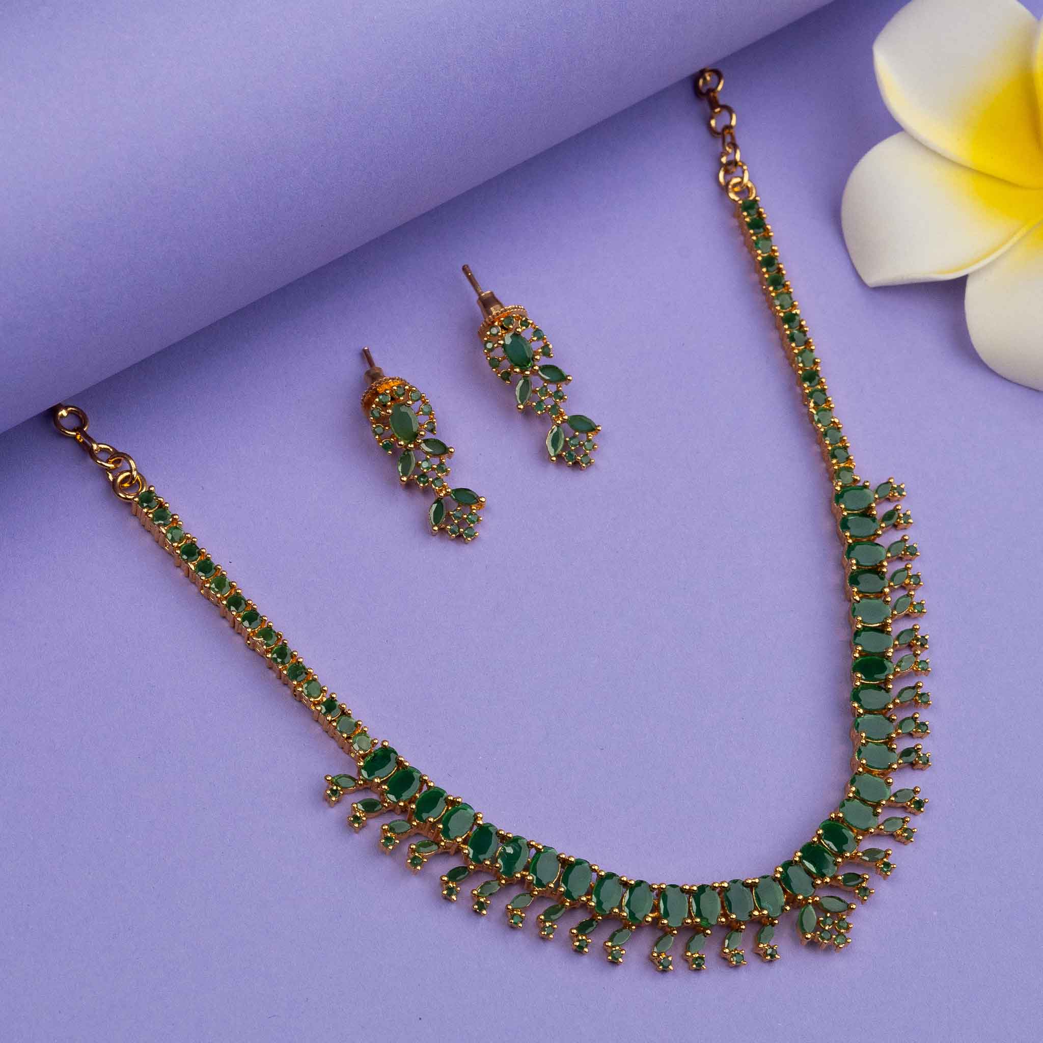 Green Micro Gold Plated Necklace Set - Sparkling AD Accents