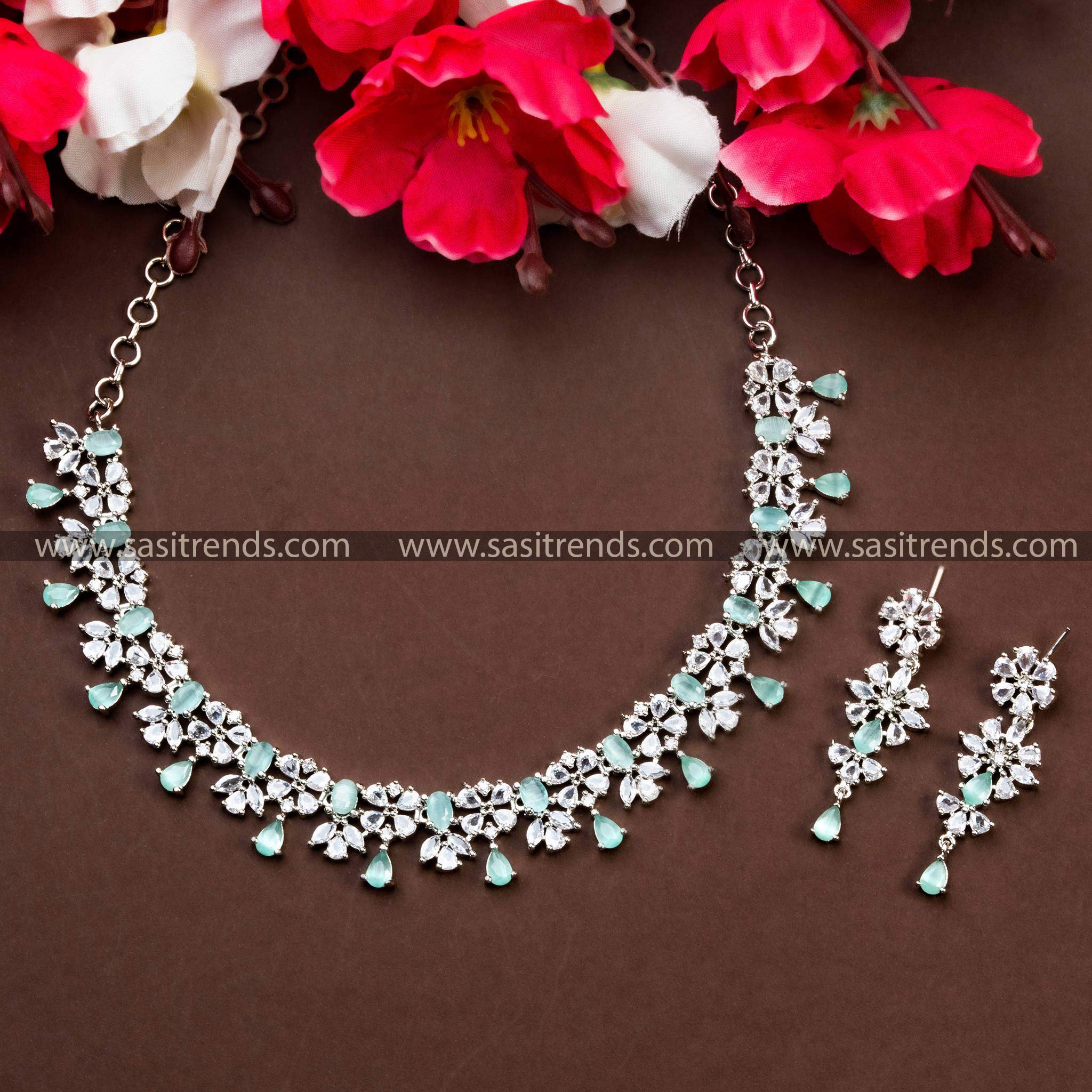 Party Wear Jewelry Set with Mint Stones, Rich Look Rhodium Silver Plated AD Necklace and Earrings