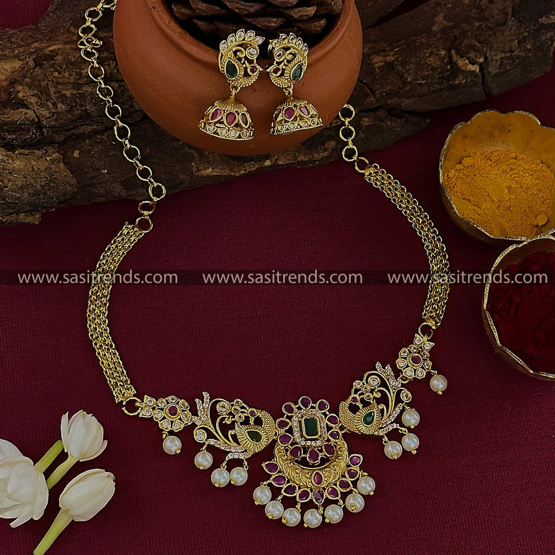 Matte Gold Tone Chandbali Peacock Choker Necklace with Jhumkas - American Diamond Stones