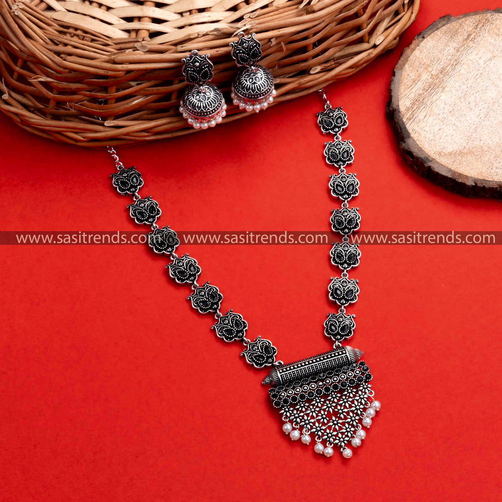 Elegant Party Wear Oxidised German Silver Necklace Set with Black Stones - Grape Bunch Pendant, Floral Earrings