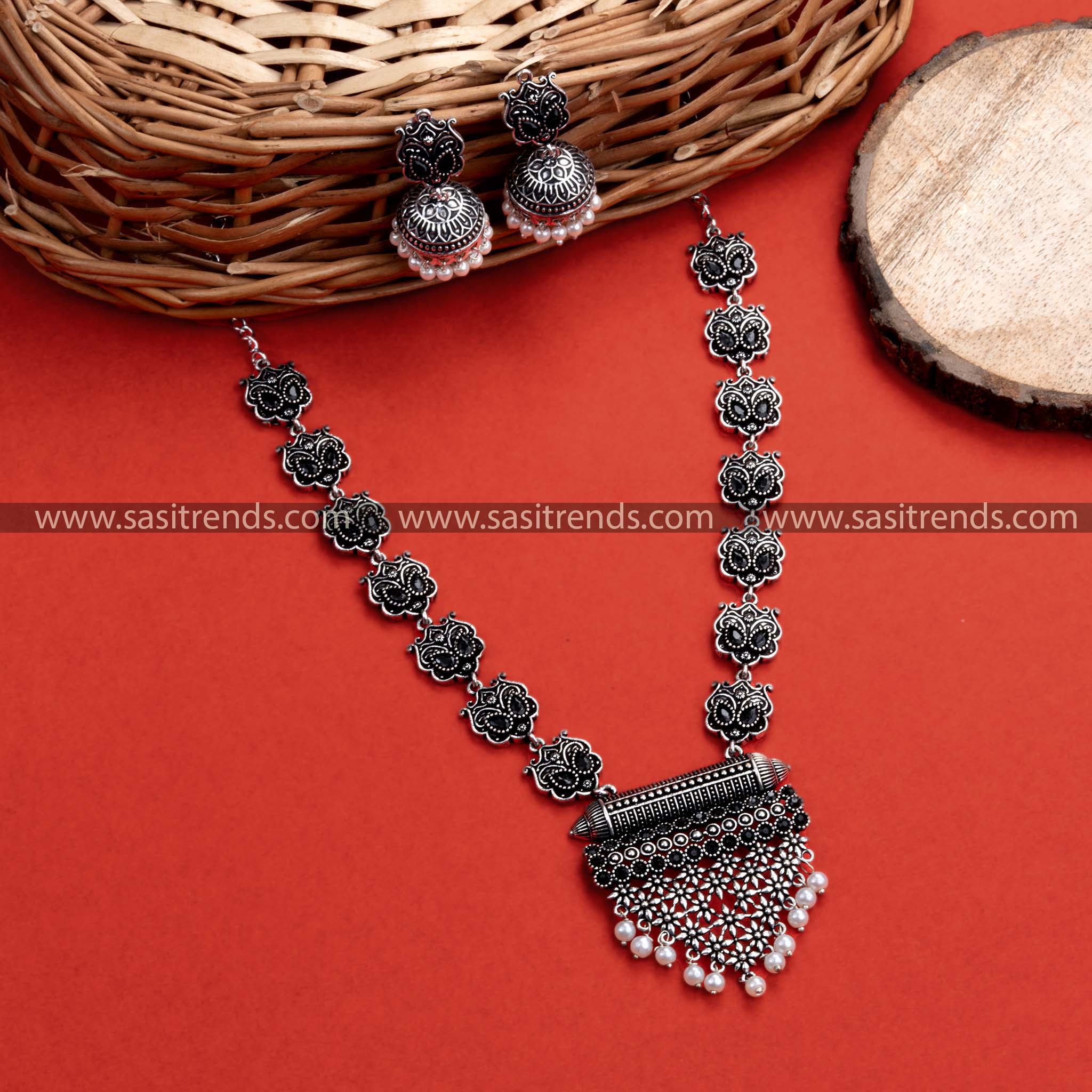 Elegant Party Wear Oxidised German Silver Necklace Set with Black Stones - Grape Bunch Pendant, Floral Earrings