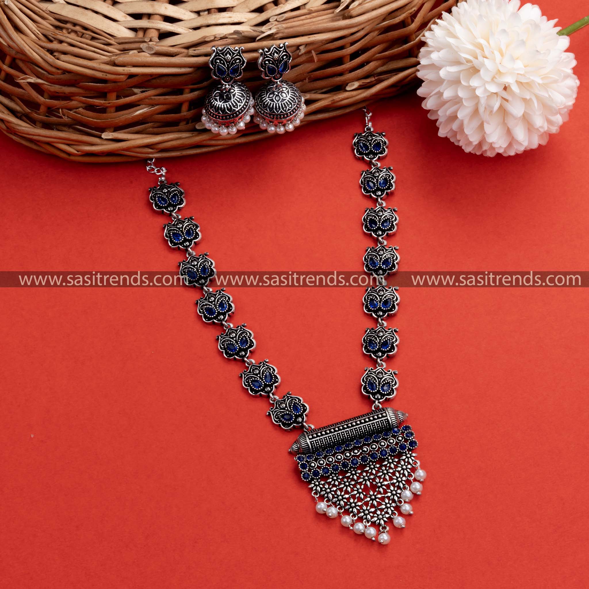 Elegant Party Wear Oxidised German Silver Necklace Set with Blue Stones - Grape Bunch Pendant, Floral Earrings