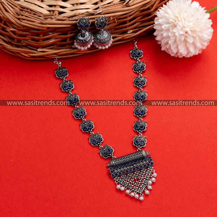 Elegant Party Wear Oxidised German Silver Necklace Set with Blue Stones - Grape Bunch Pendant, Floral Earrings