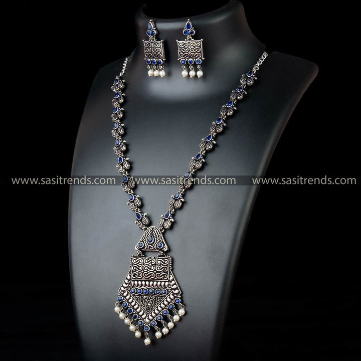 Tribal Pendant Necklace Set with Captivating Blue Stones and Pearl Drops - Stylish Oxidised German Silver Jewelry for Party Look