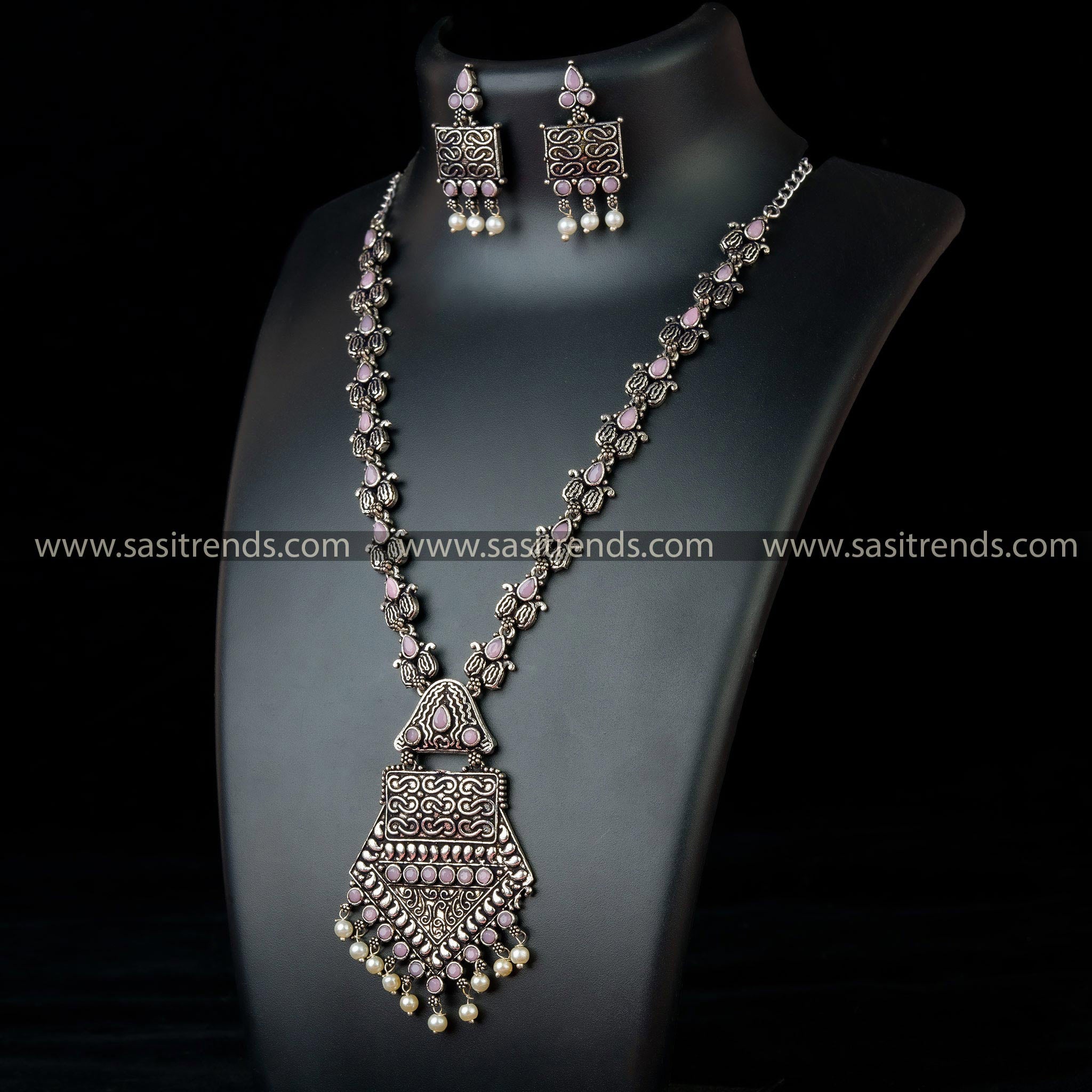 Tribal Pendant Necklace Set with Beautiful Pink Stones and Pearl Drops - Stylish Oxidised German Silver Jewelry for Party Look