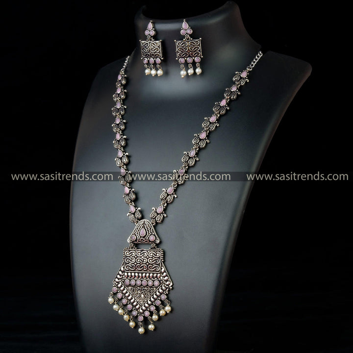 Tribal Pendant Necklace Set with Beautiful Pink Stones and Pearl Drops - Stylish Oxidised German Silver Jewelry for Party Look