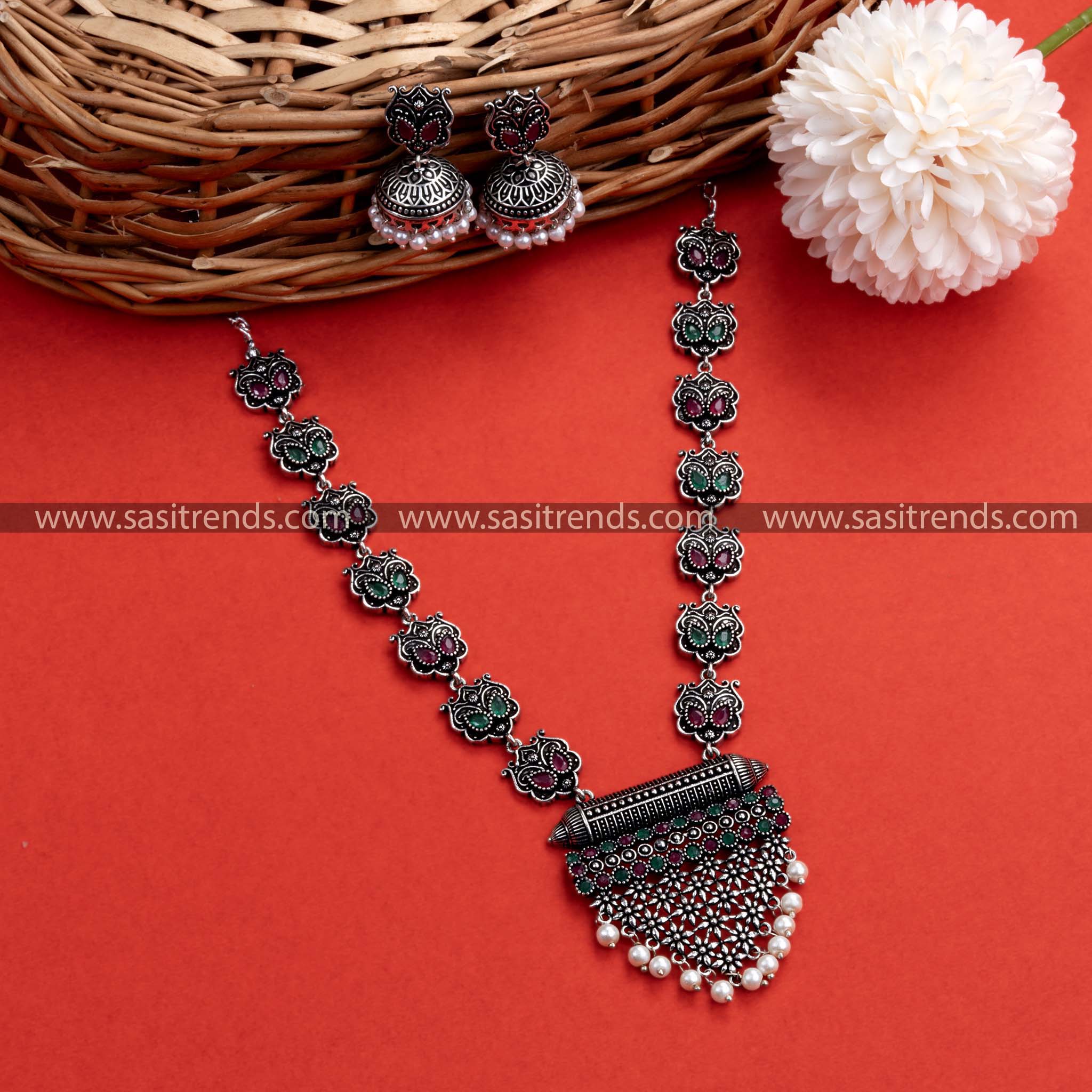 Elegant Party Wear Oxidised German Silver Necklace Set with Ruby-Green Stones - Grape Bunch Pendant, Floral Earrings