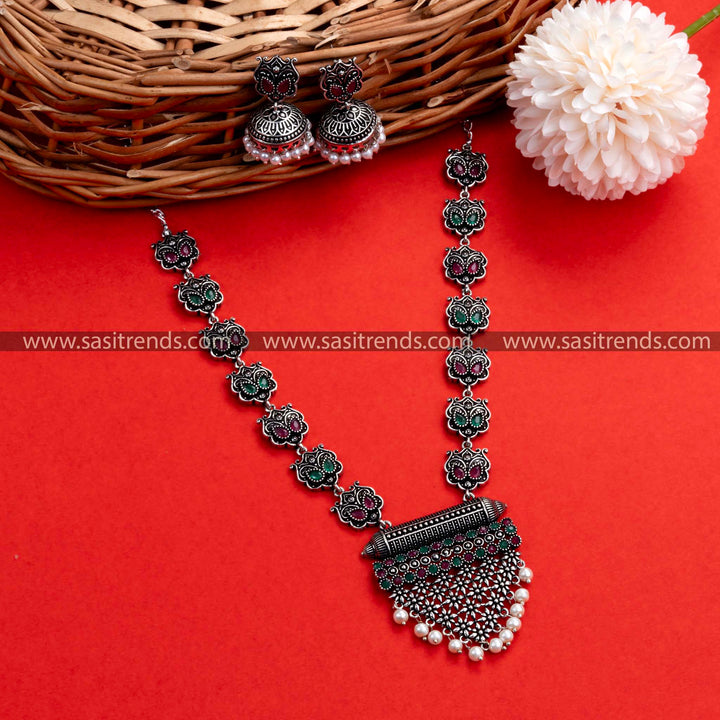 Elegant Party Wear Oxidised German Silver Necklace Set with Ruby-Green Stones - Grape Bunch Pendant, Floral Earrings